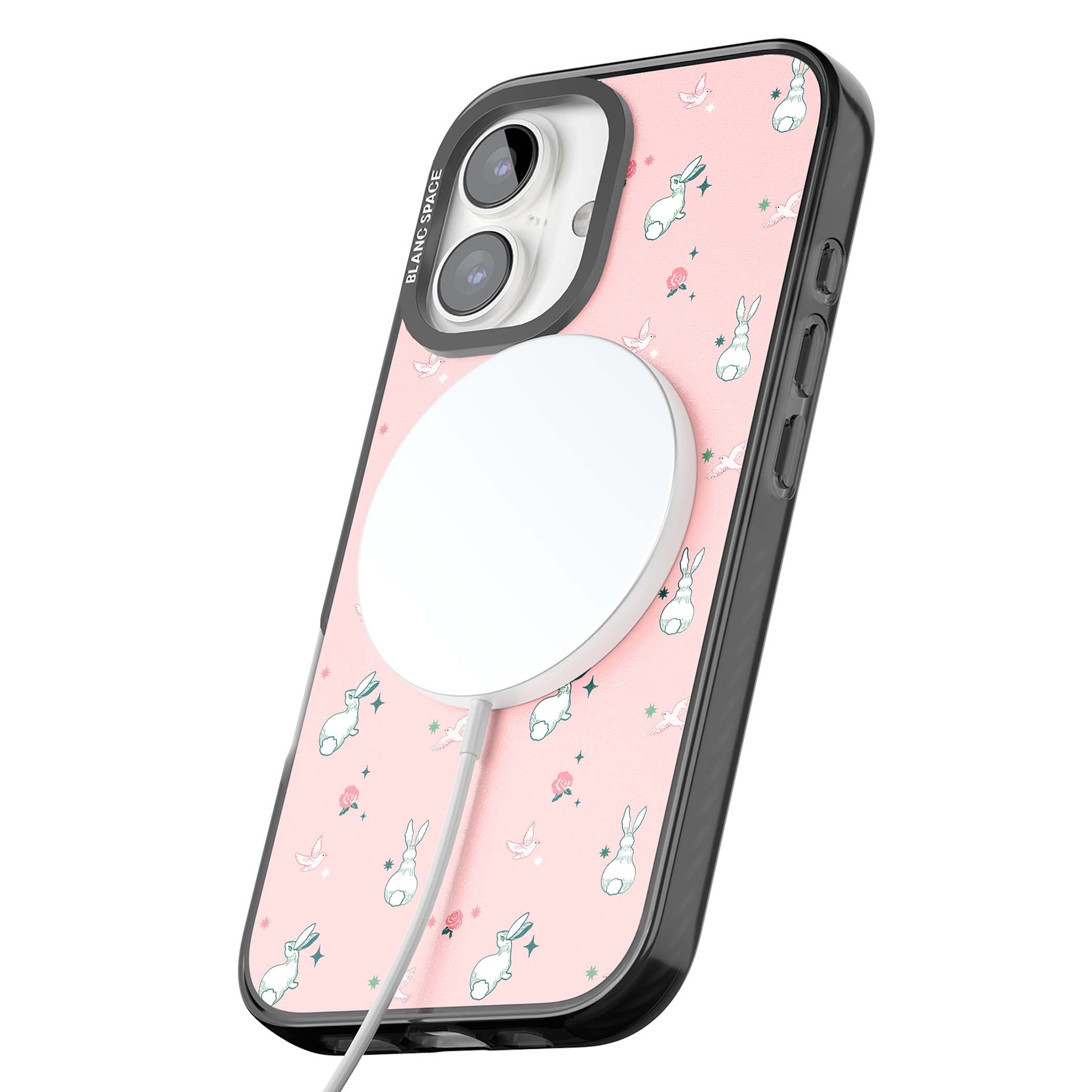 Bunny Garden kawaii iPhone case featuring white rabbits, pink roses, doves and stars on pink background | Black Impact Magsafe case for iPhone 16, iPhone 16 Plus