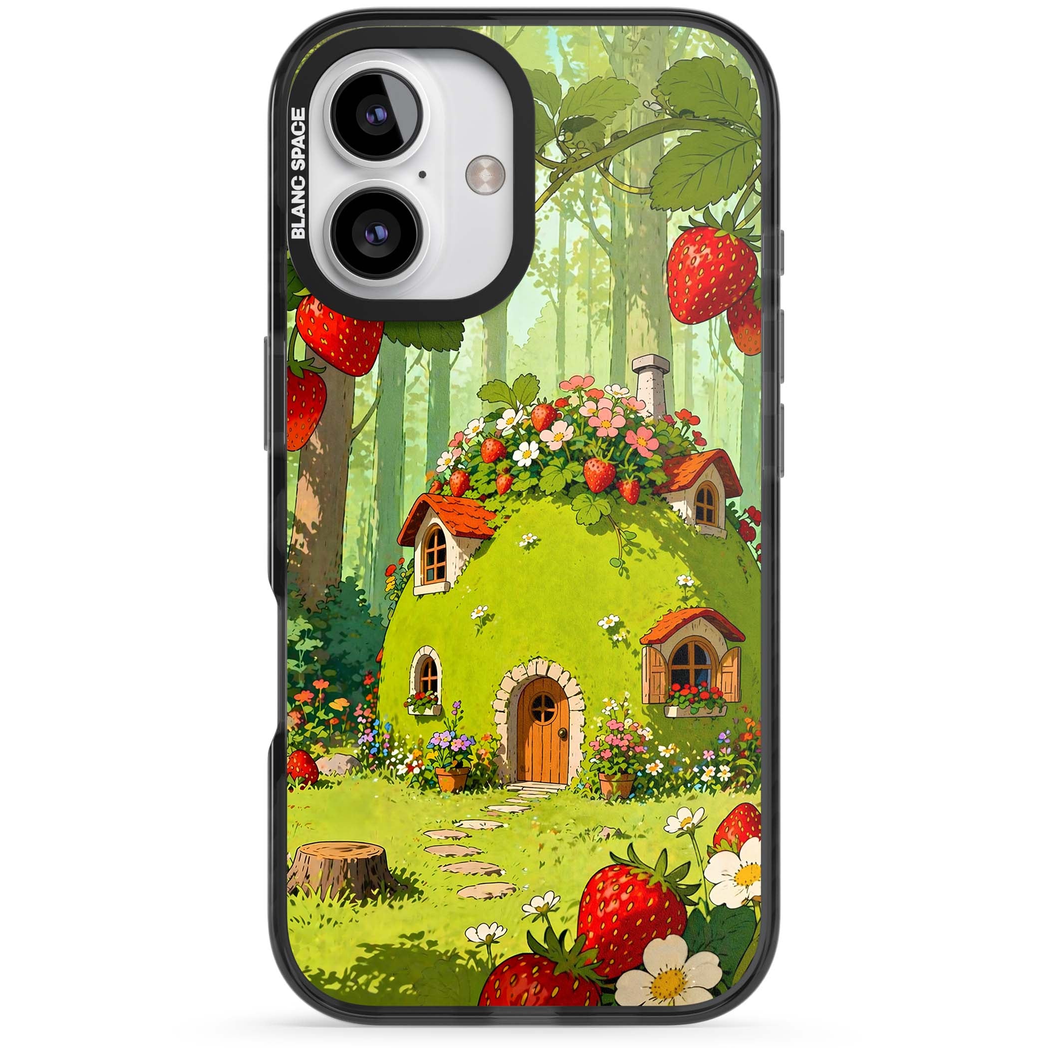 Strawberry Cottage cottagecore iPhone case featuring a green fairy house, wild strawberries and enchanted forest flowers | Black Impact Magsafe case for iPhone 16, iPhone 16 Plus