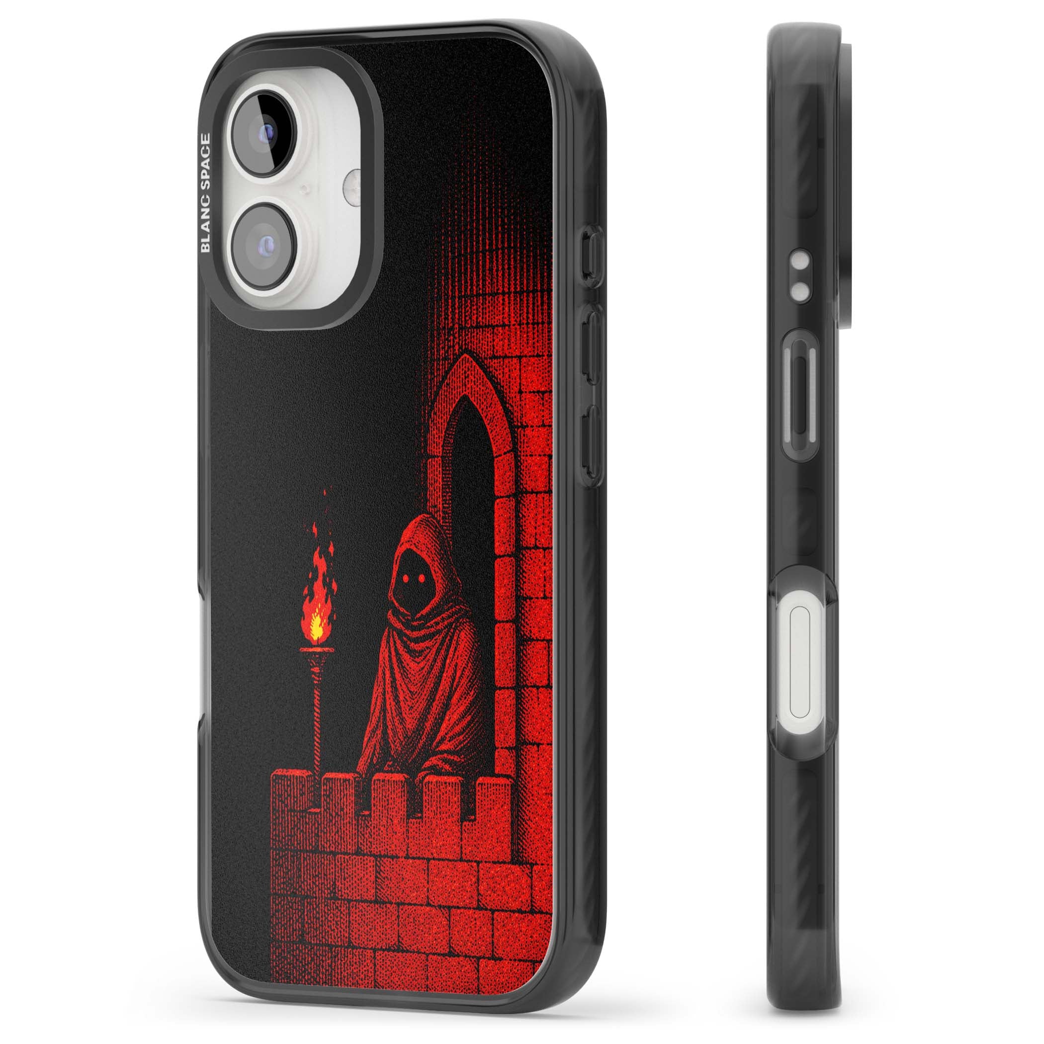 Crimson Crypt gothic iPhone case featuring a hooded reaper, torchlit crypt archway and red halftone horror art | Black Impact Magsafe case for iPhone 16, iPhone 16 Plus