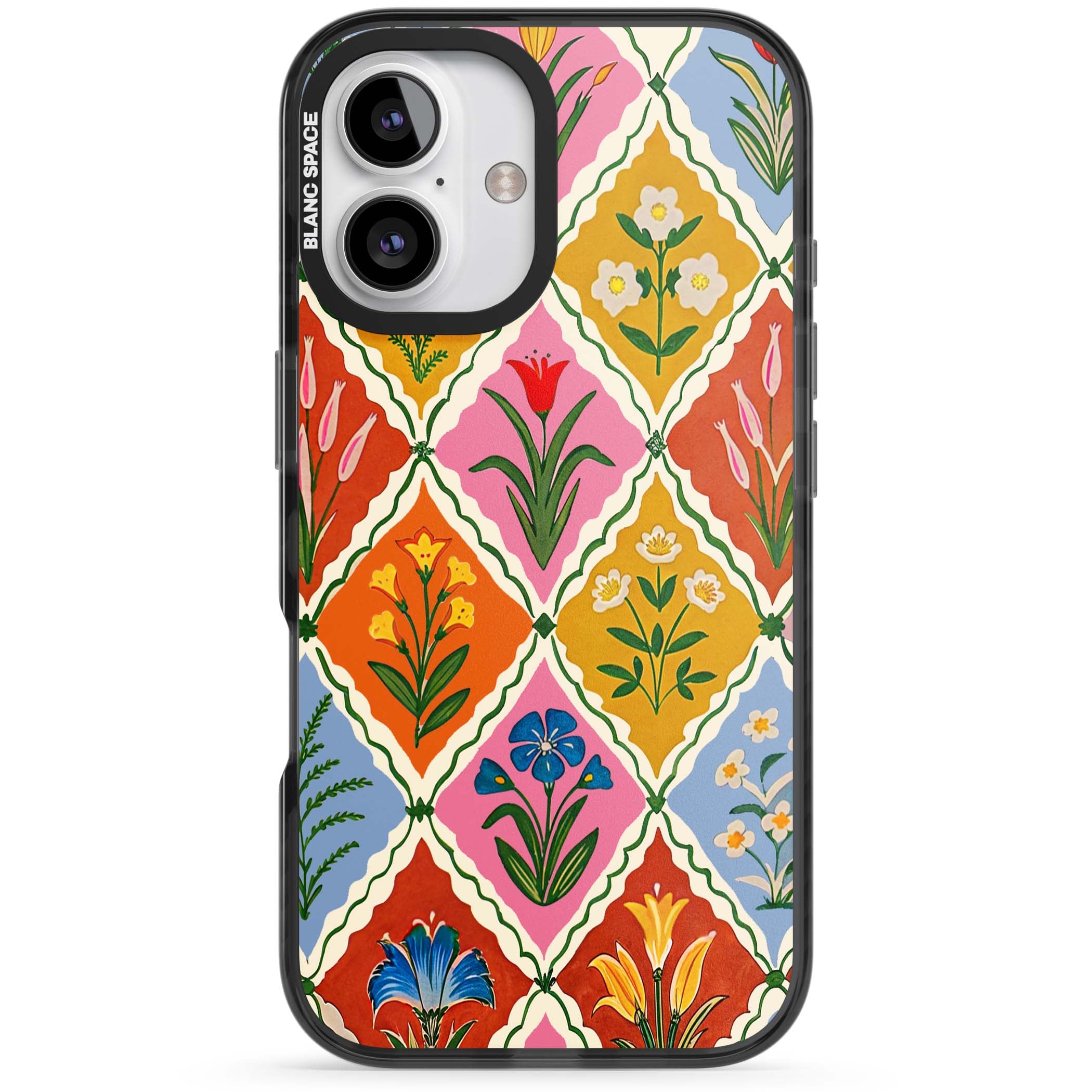 Floral Quilt boho floral iPhone case featuring diamond lattice pattern, hand-painted tulips and folk art wildflowers | Black Impact Magsafe case for iPhone 16, iPhone 16 Plus