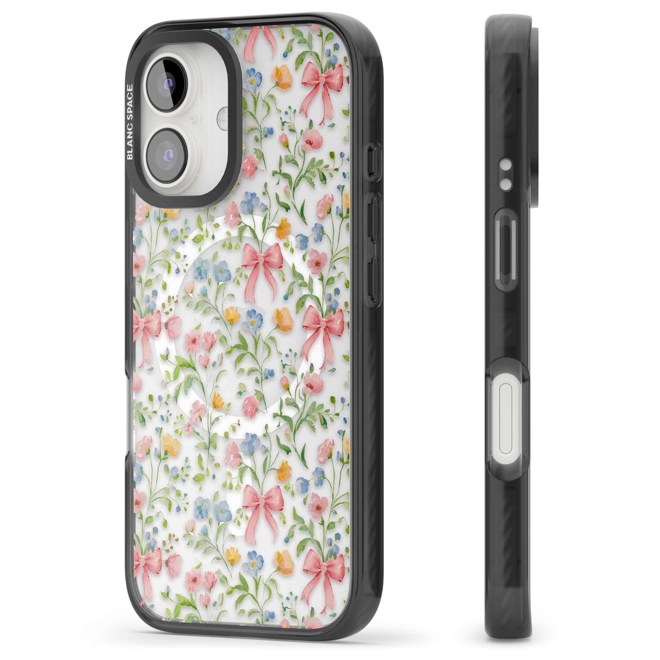 Ribbons & Wildflowers cottagecore iPhone case featuring watercolor wildflowers, pink satin bows, and delicate spring blooms o | Black Impact Magsafe case for iPhone 16, iPhone 16 Plus