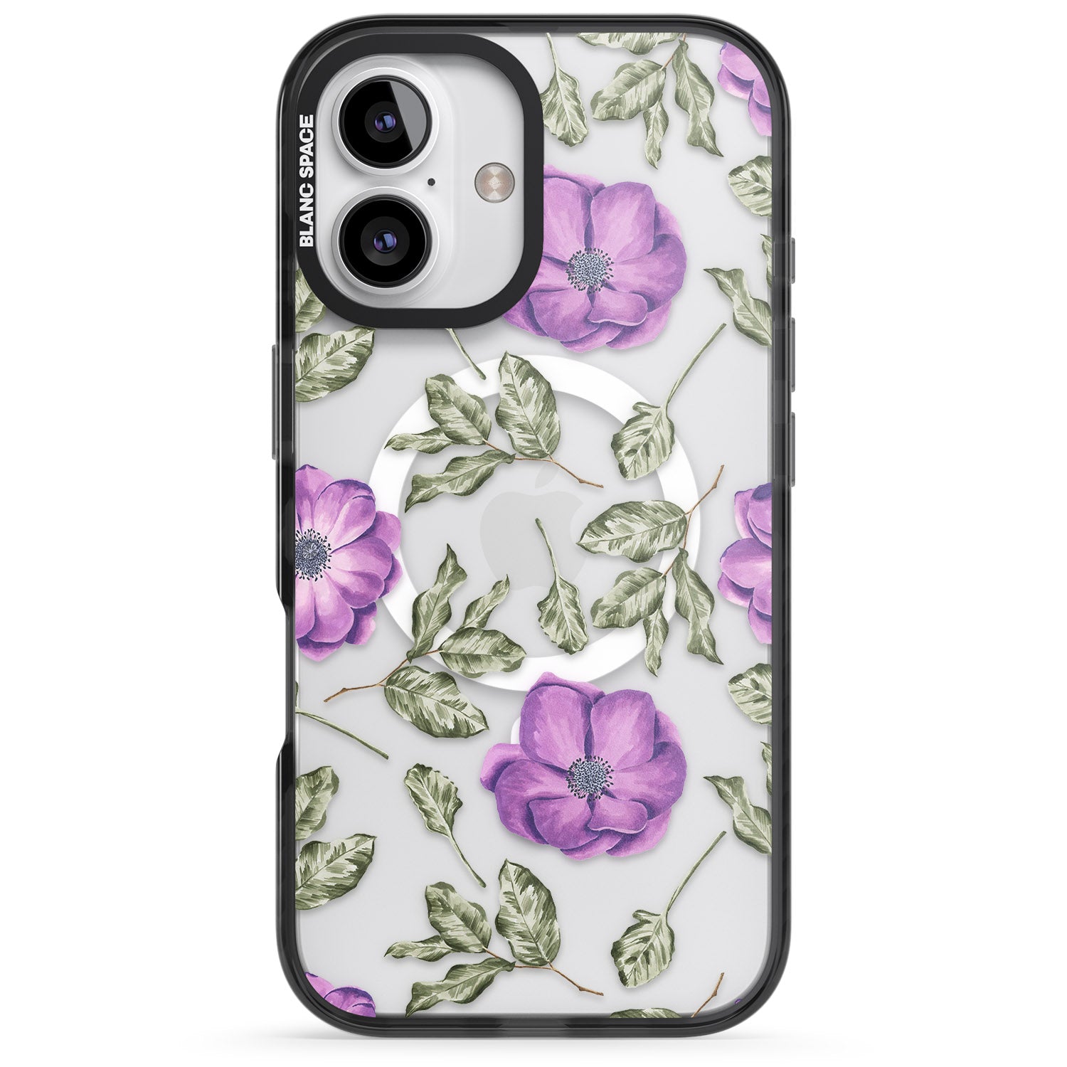 iPhone 16 Pro Max Purple Blossoms Transparent Floral Black Impact Phone Case