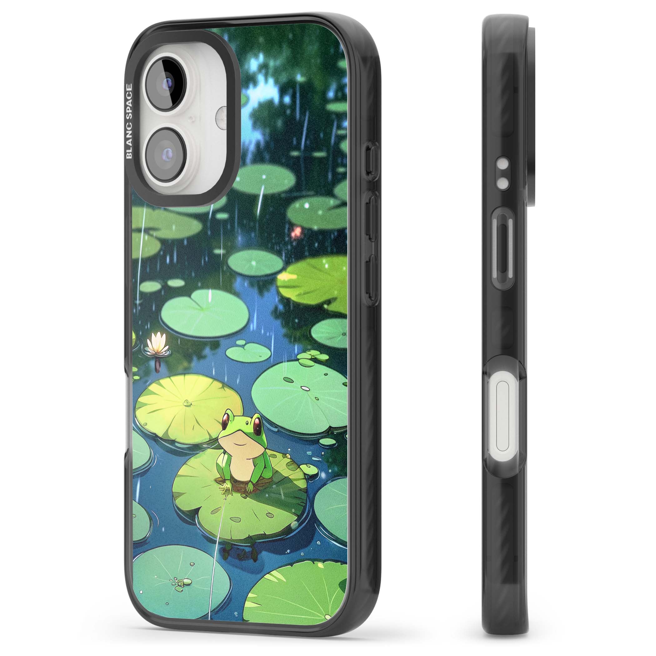 Frog In Lily Pond cottagecore iPhone case featuring a cute green frog on a lily pad with falling rain and a lotus flower | Black Impact Magsafe case for iPhone 16, iPhone 16 Plus