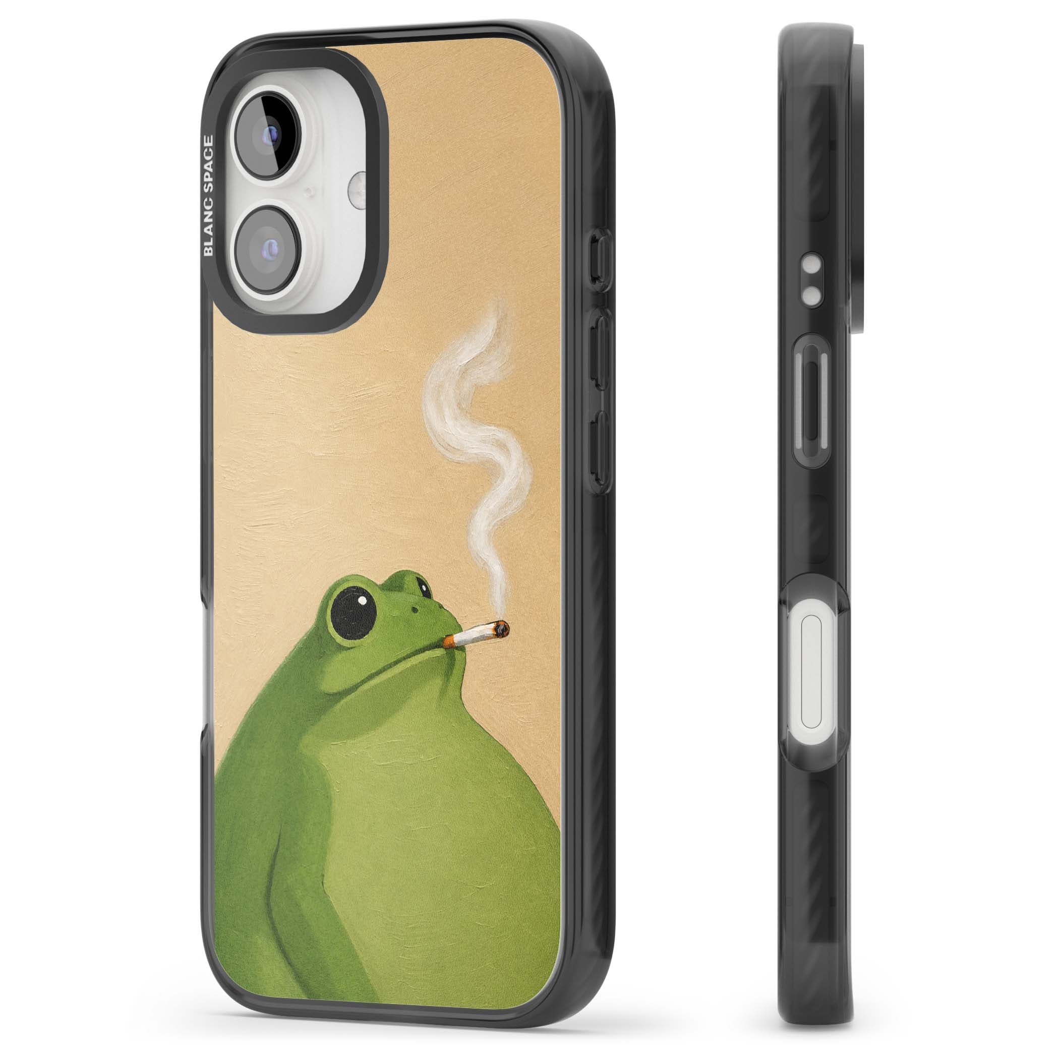The Smoking Frog cottagecore iPhone case featuring a hand-painted green frog smoking a cigarette on a cream oil painting back | Black Impact Magsafe case for iPhone 16, iPhone 16 Plus