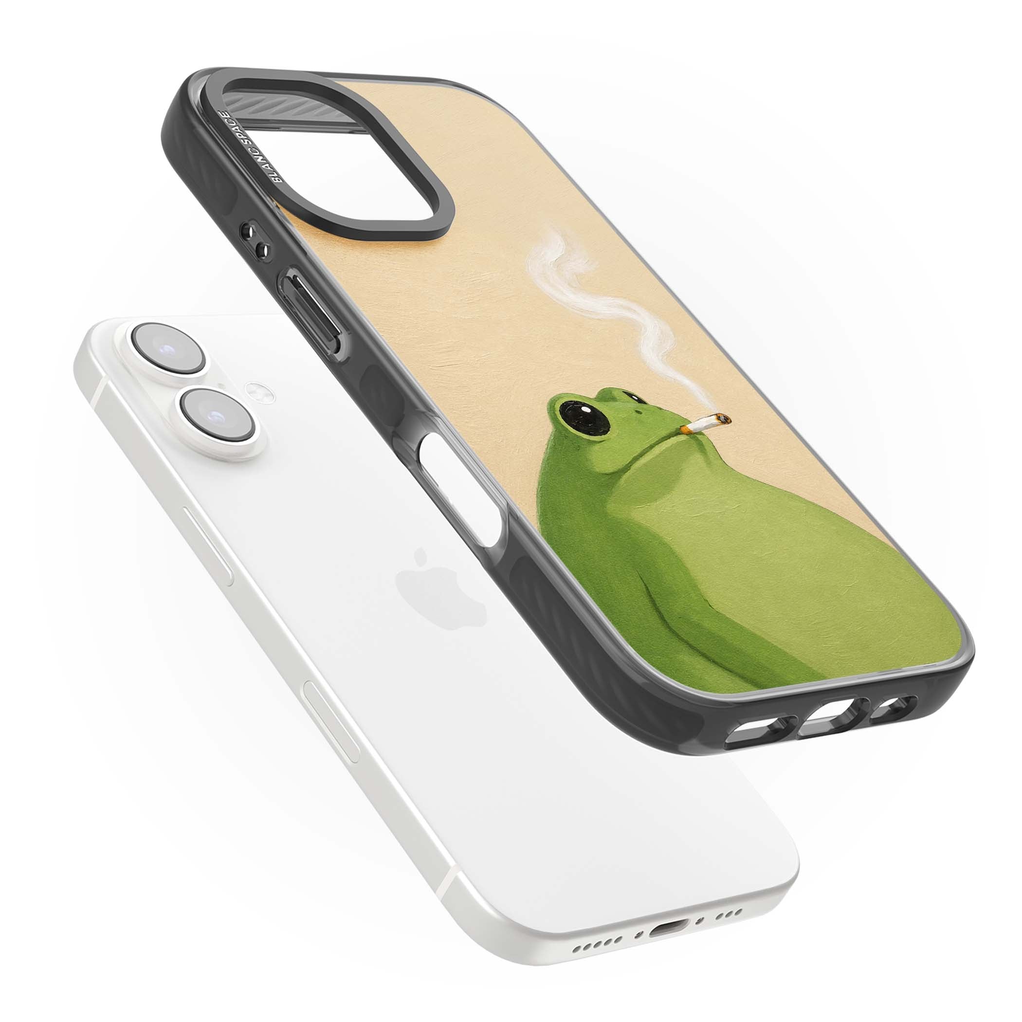 The Smoking Frog cottagecore iPhone case featuring a hand-painted green frog smoking a cigarette on a cream oil painting back | Black Impact Magsafe case for iPhone 16, iPhone 16 Plus