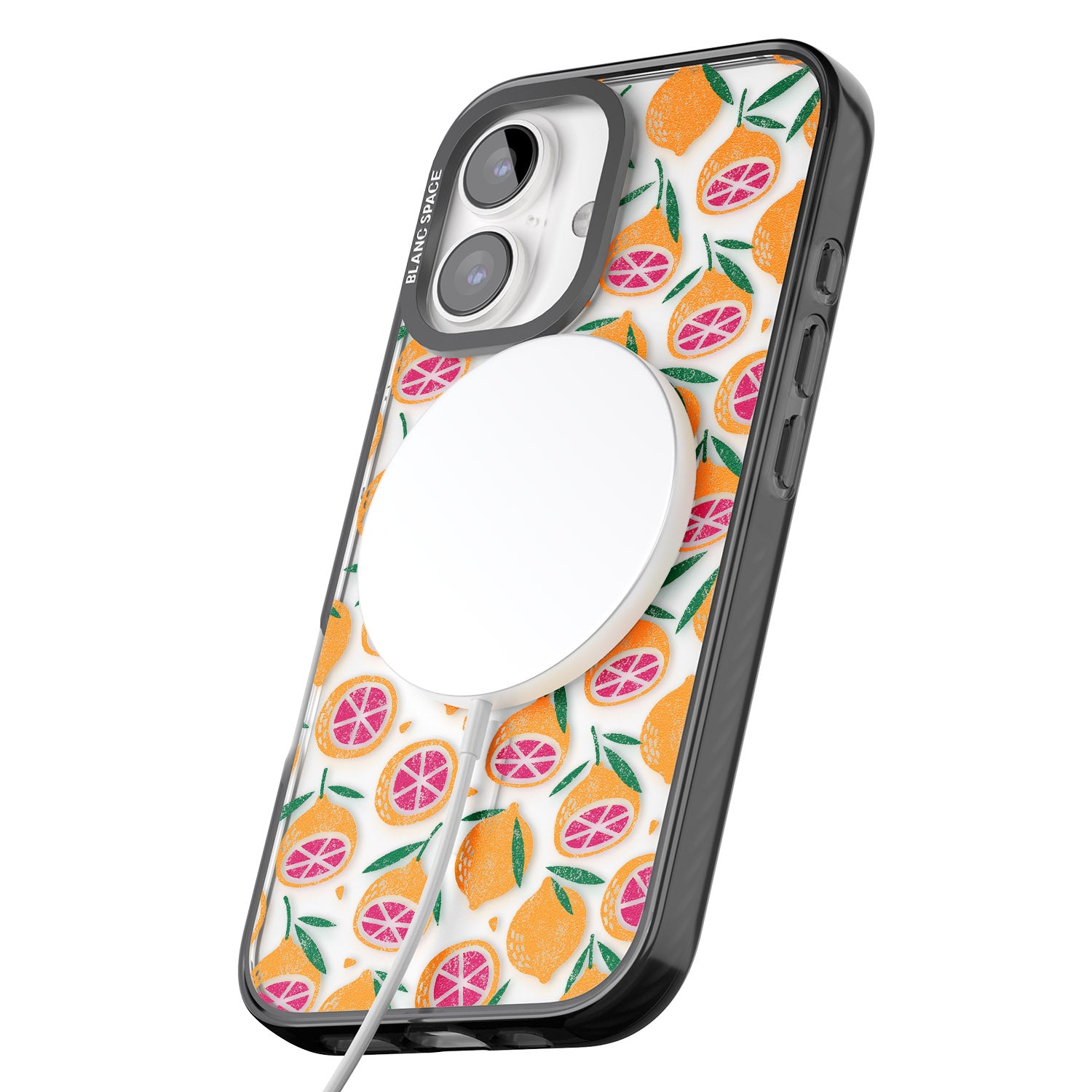 iPhone 16 Pro Max Blood Orange Fruit Pattern Transparent Black Impact Phone Case