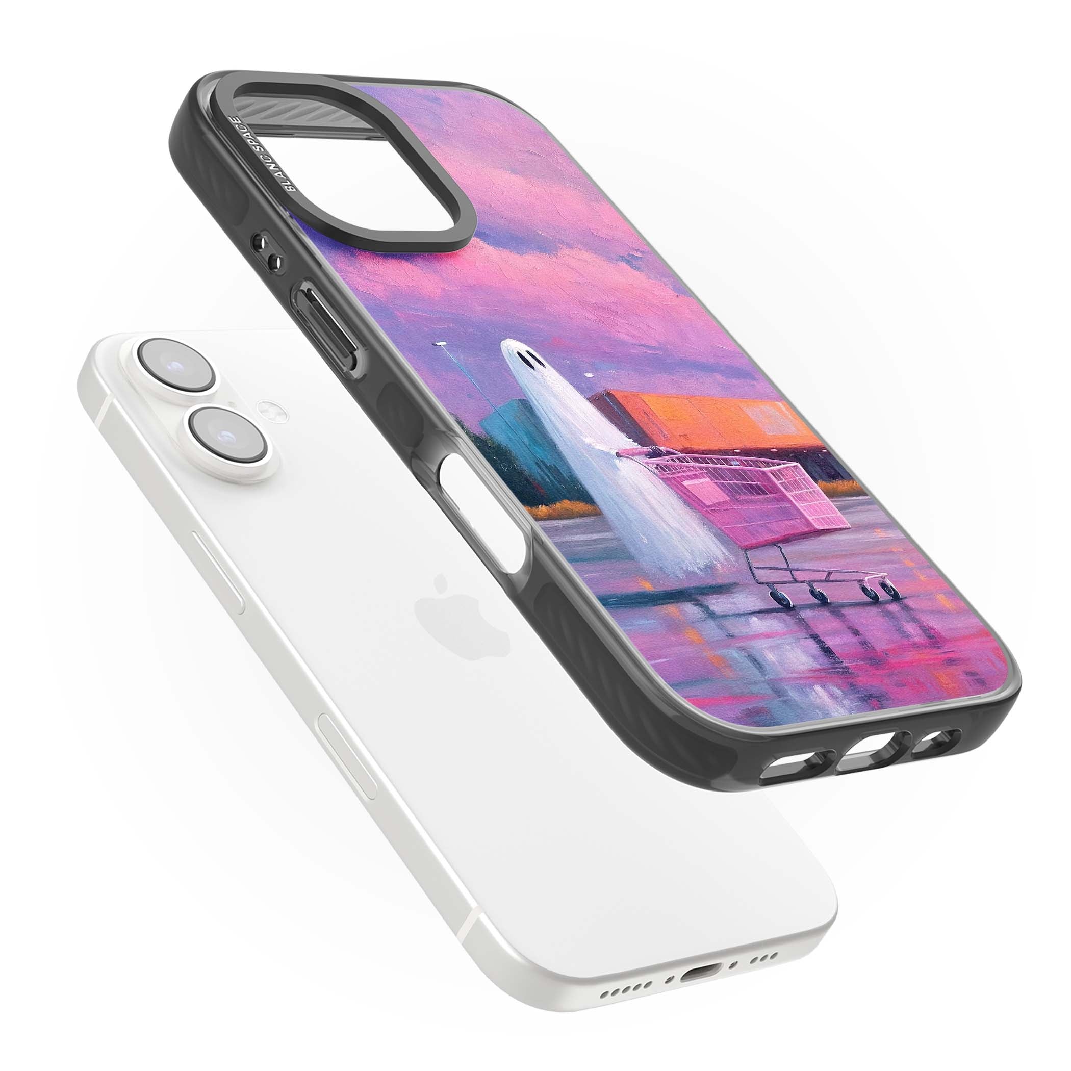 A Ghost's Errand ghost halloween iPhone case featuring a painted ghost, pink shopping trolley and purple sunset sky | Black Impact Magsafe case for iPhone 16, iPhone 16 Plus