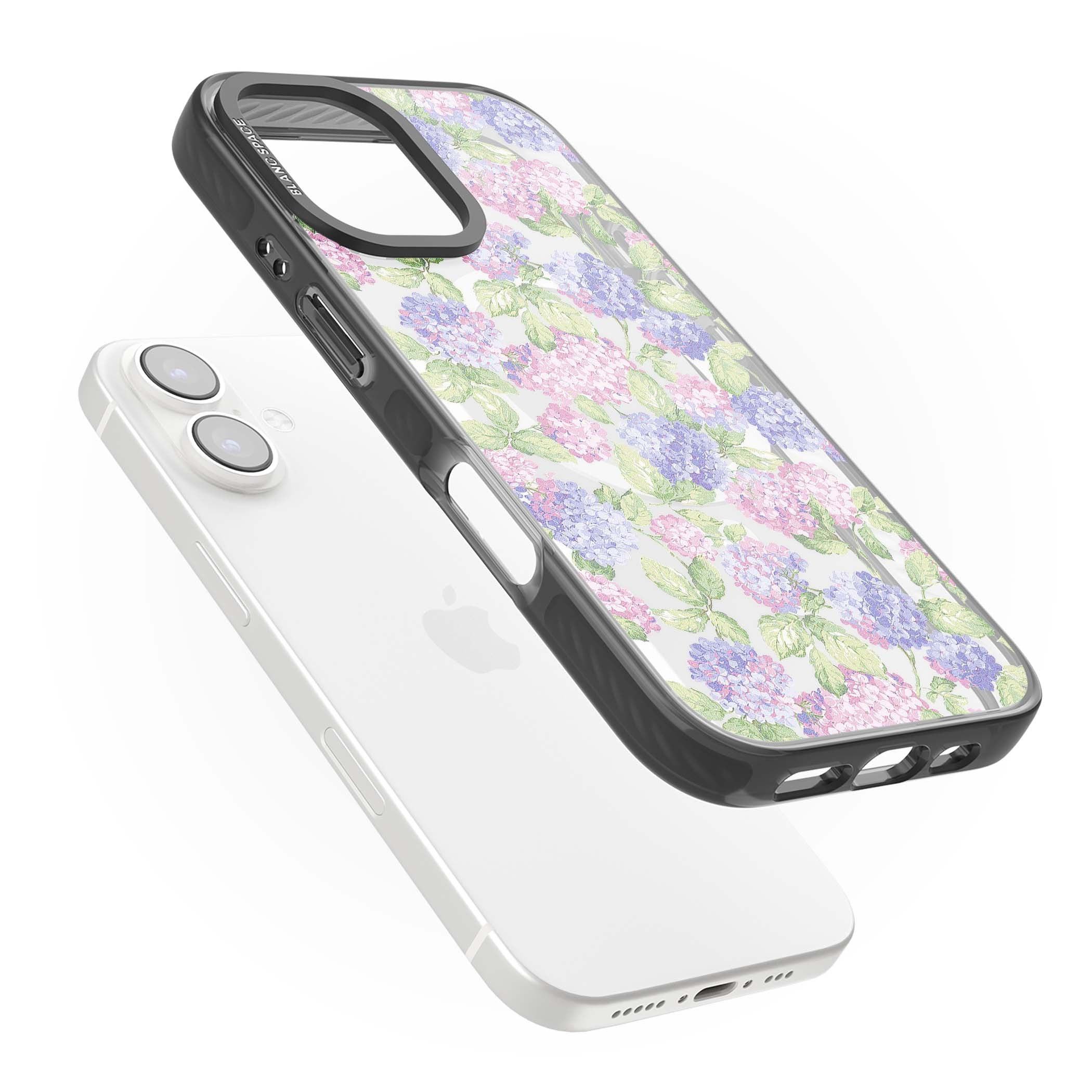 Cottage Hydrangea cottagecore iPhone case featuring pink and purple hydrangea blooms with green leaves on a clear background | Black Impact Magsafe case for iPhone 16, iPhone 16 Plus