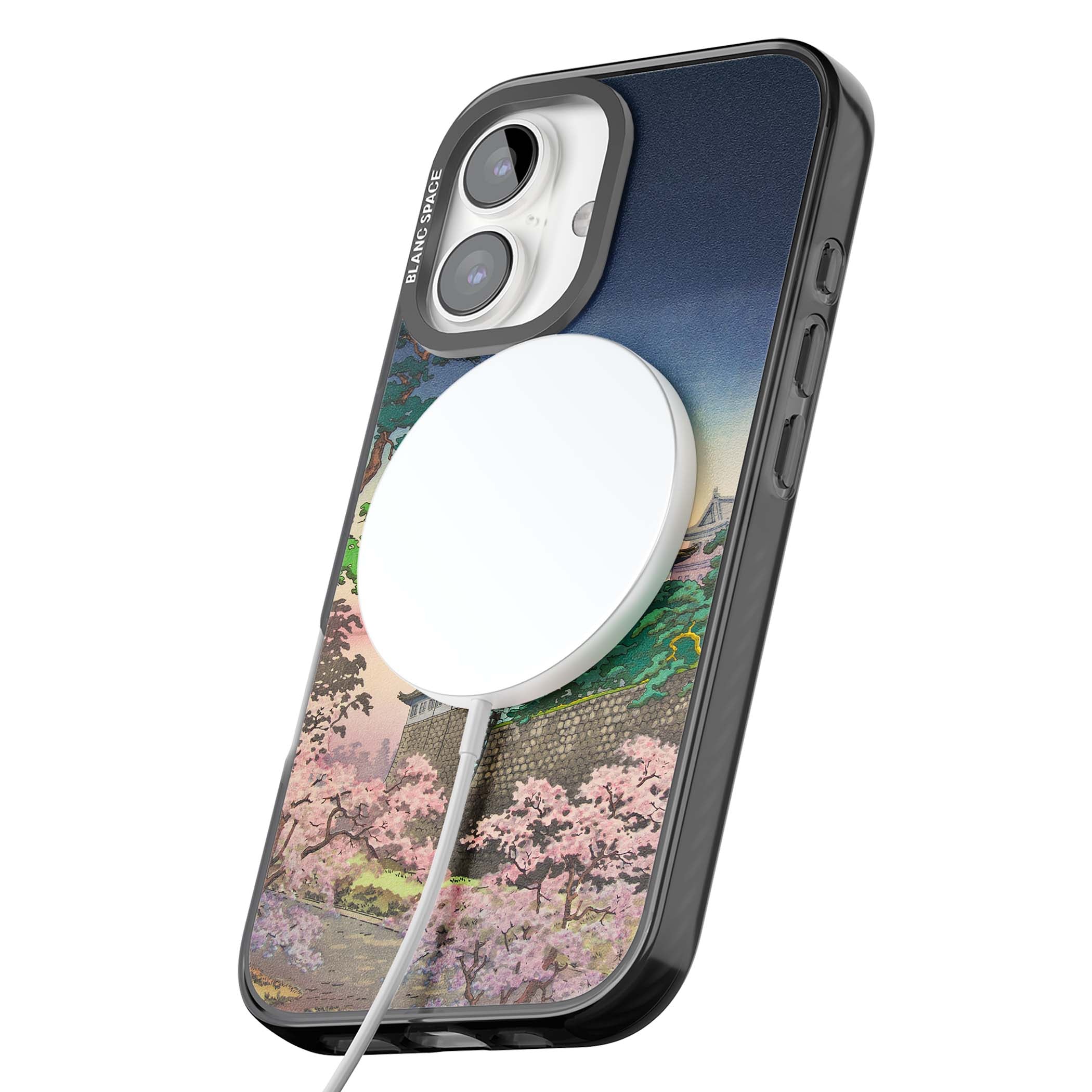 Nagoya Castle Japanese iPhone case featuring a vintage pagoda, twilight sky and cherry blossom trees | Black Impact Magsafe case for iPhone 16, iPhone 16 Plus