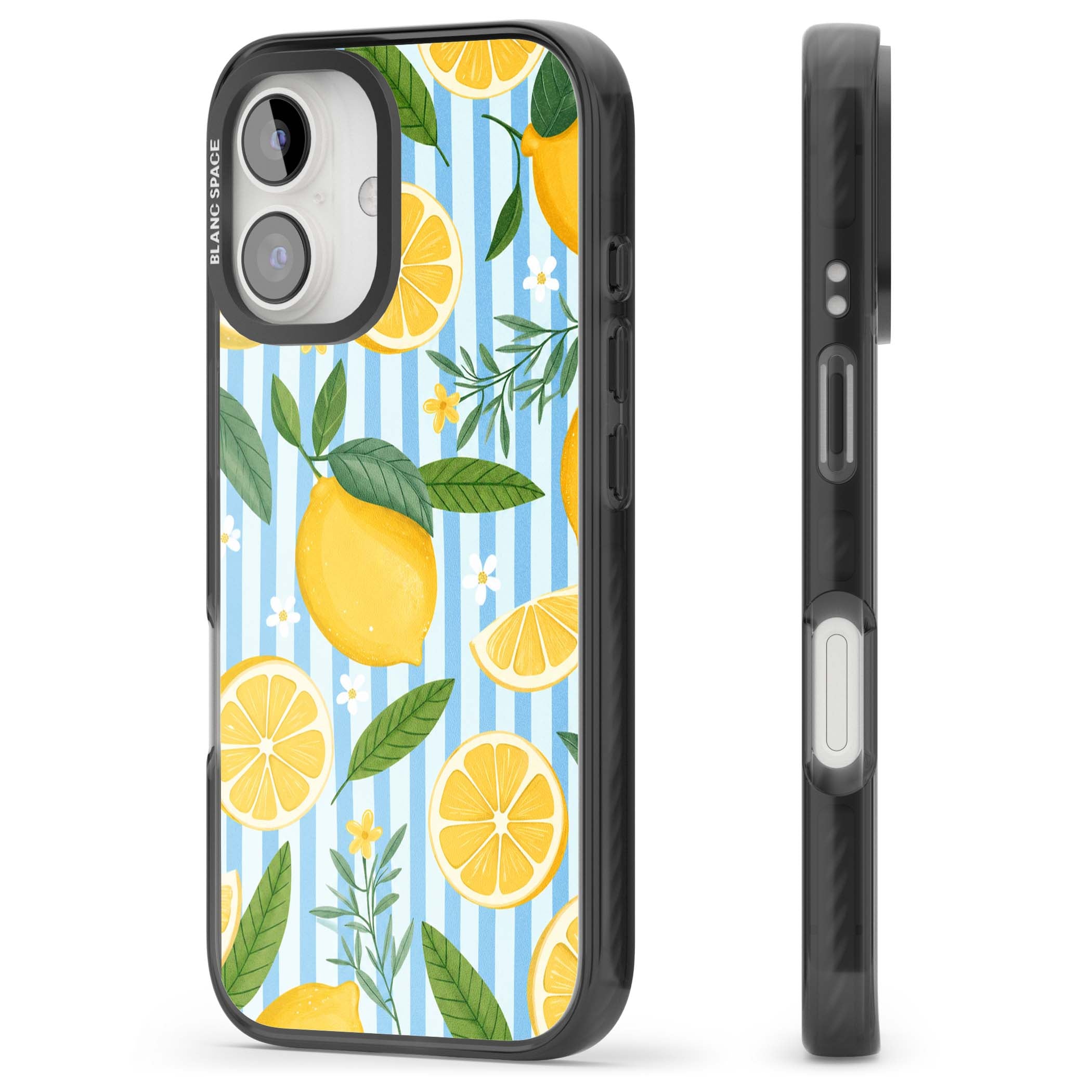 Capri Citrus Stripe coastal iPhone case featuring yellow lemons, blue stripes, and white daisy blossoms | Black Impact Magsafe case for iPhone 16, iPhone 16 Plus
