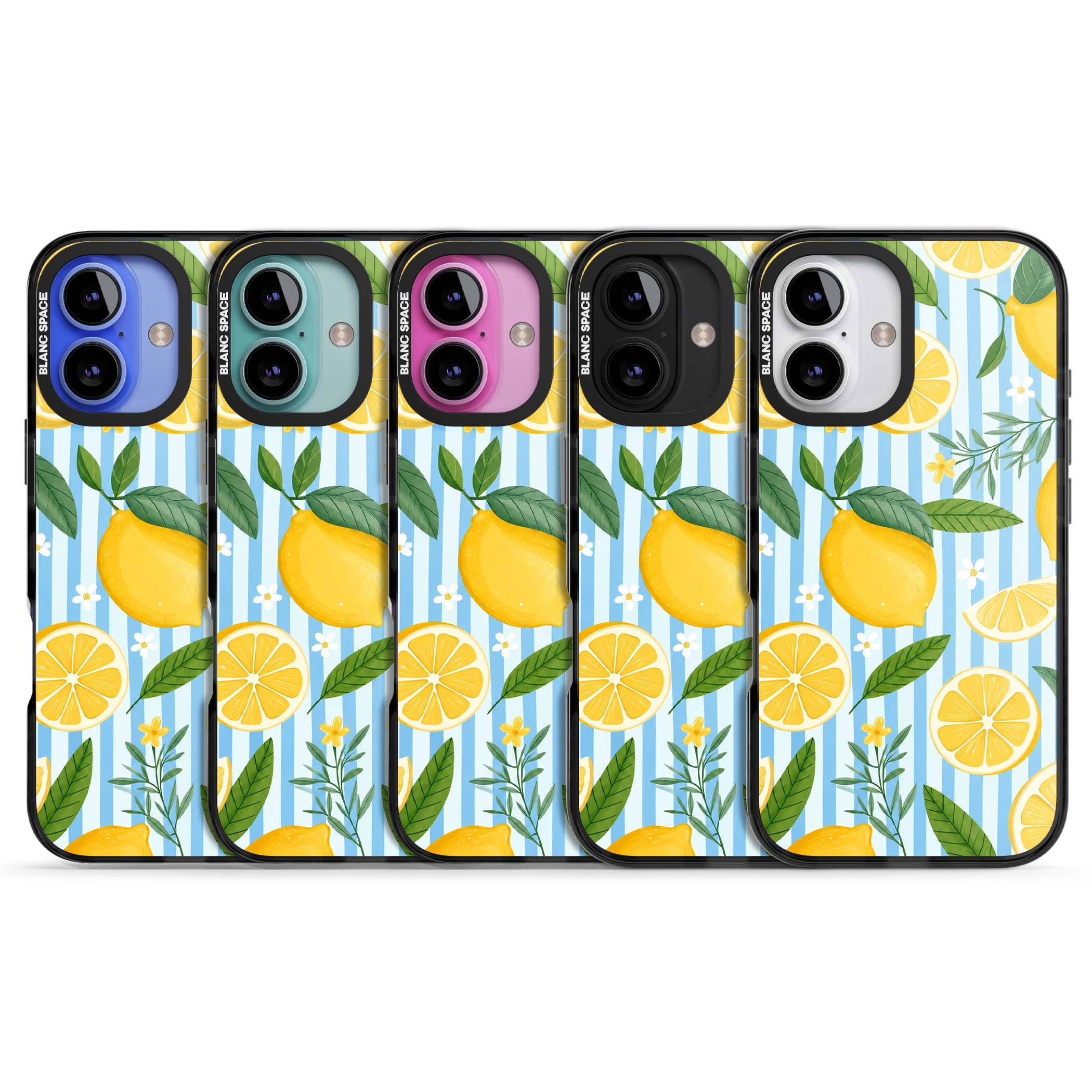 Capri Citrus Stripe coastal iPhone case featuring yellow lemons, blue stripes, and white daisy blossoms | Black Impact Magsafe case for iPhone 16, iPhone 16 Plus