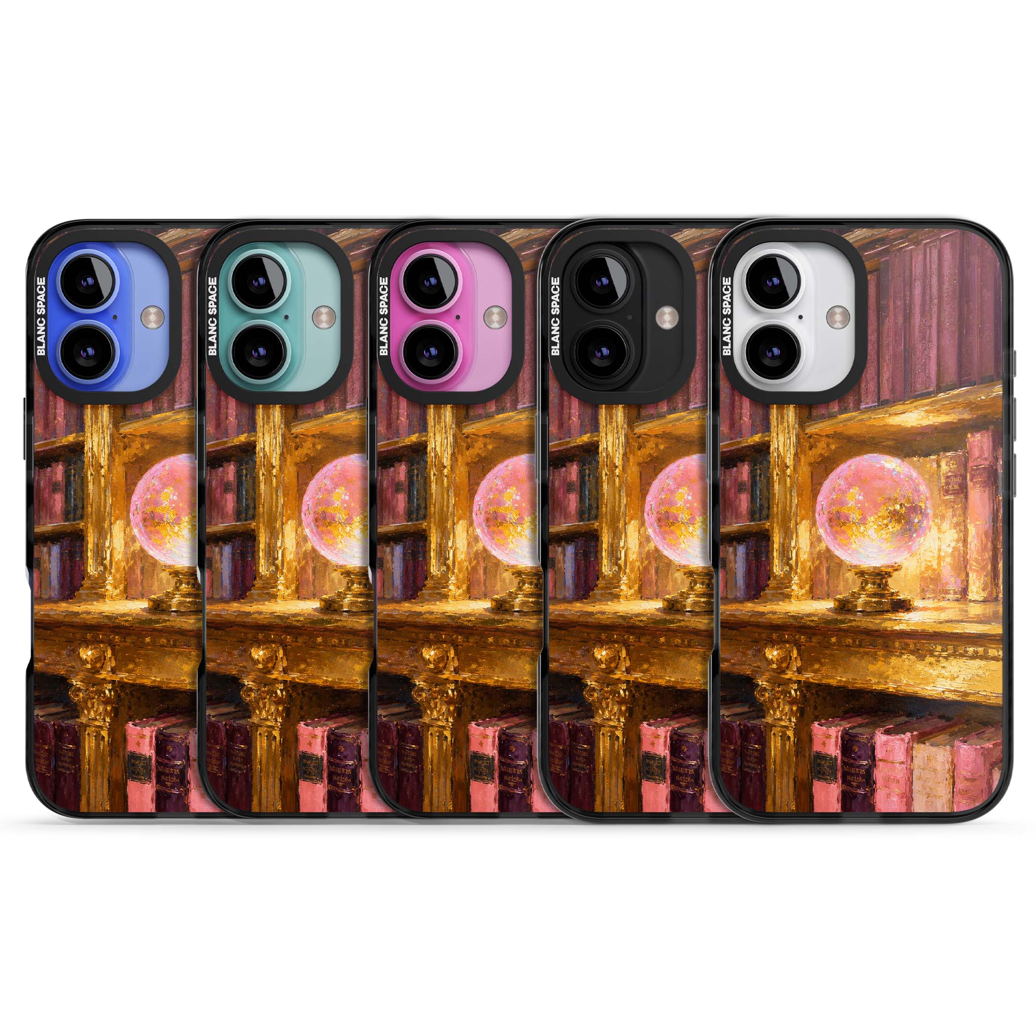 Gilded Library dark academia iPhone case featuring an oil painted crystal ball on a gilded library shelf with vintage | Black Impact Magsafe case for iPhone 16, iPhone 16 Plus