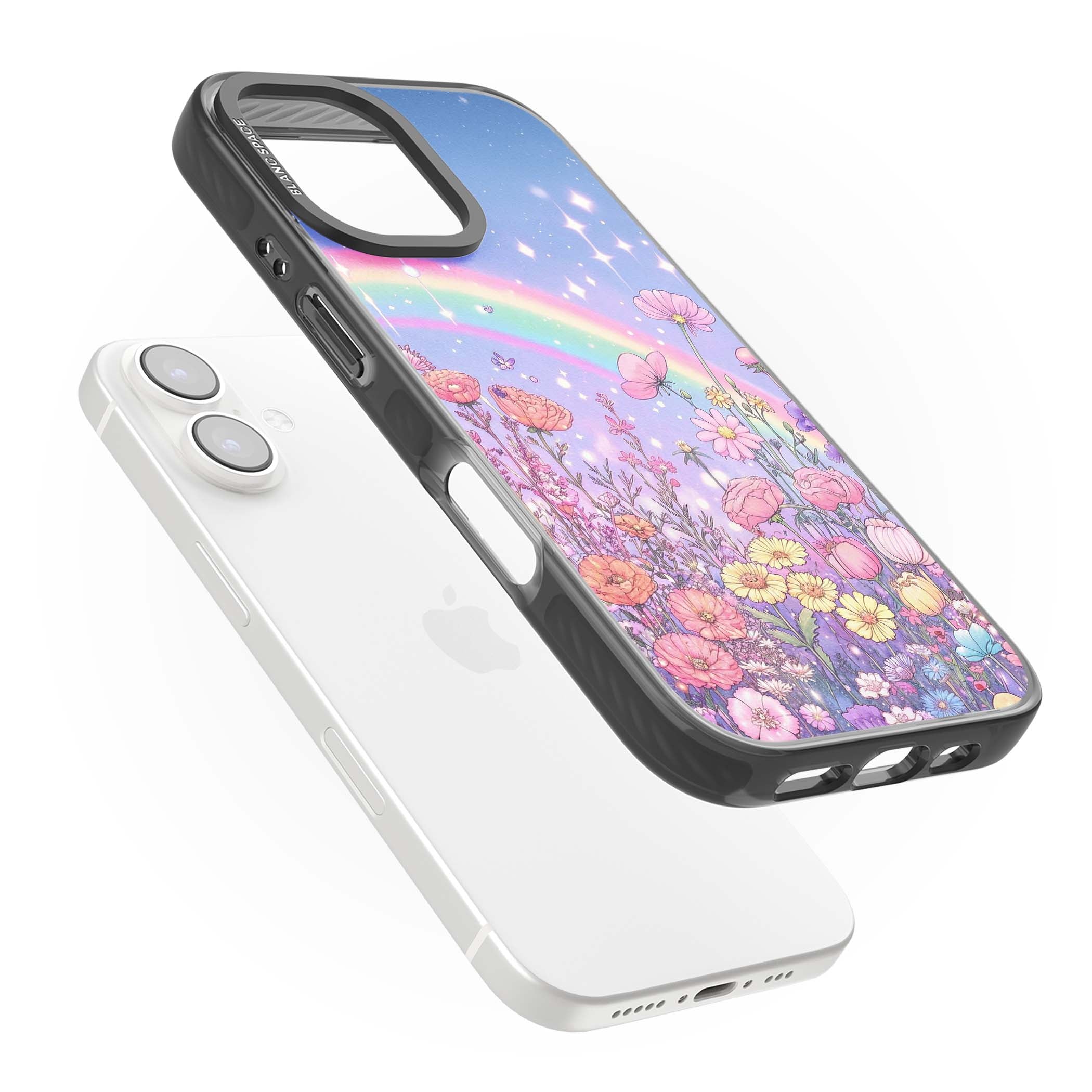 Magical Meadow fairycore iPhone case featuring a pastel rainbow, sparkling stars and a wildflower meadow | Black Impact Magsafe case for iPhone 16, iPhone 16 Plus