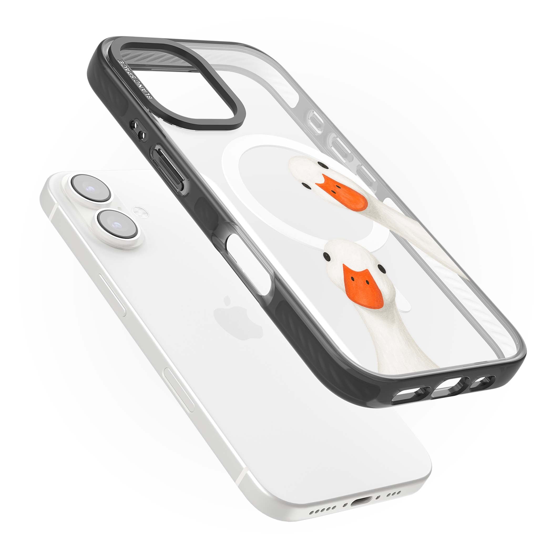 Nosy Ducks cottagecore iPhone case featuring two peeking white ducks with orange beaks on a clear background | Black Impact Magsafe case for iPhone 16, iPhone 16 Plus