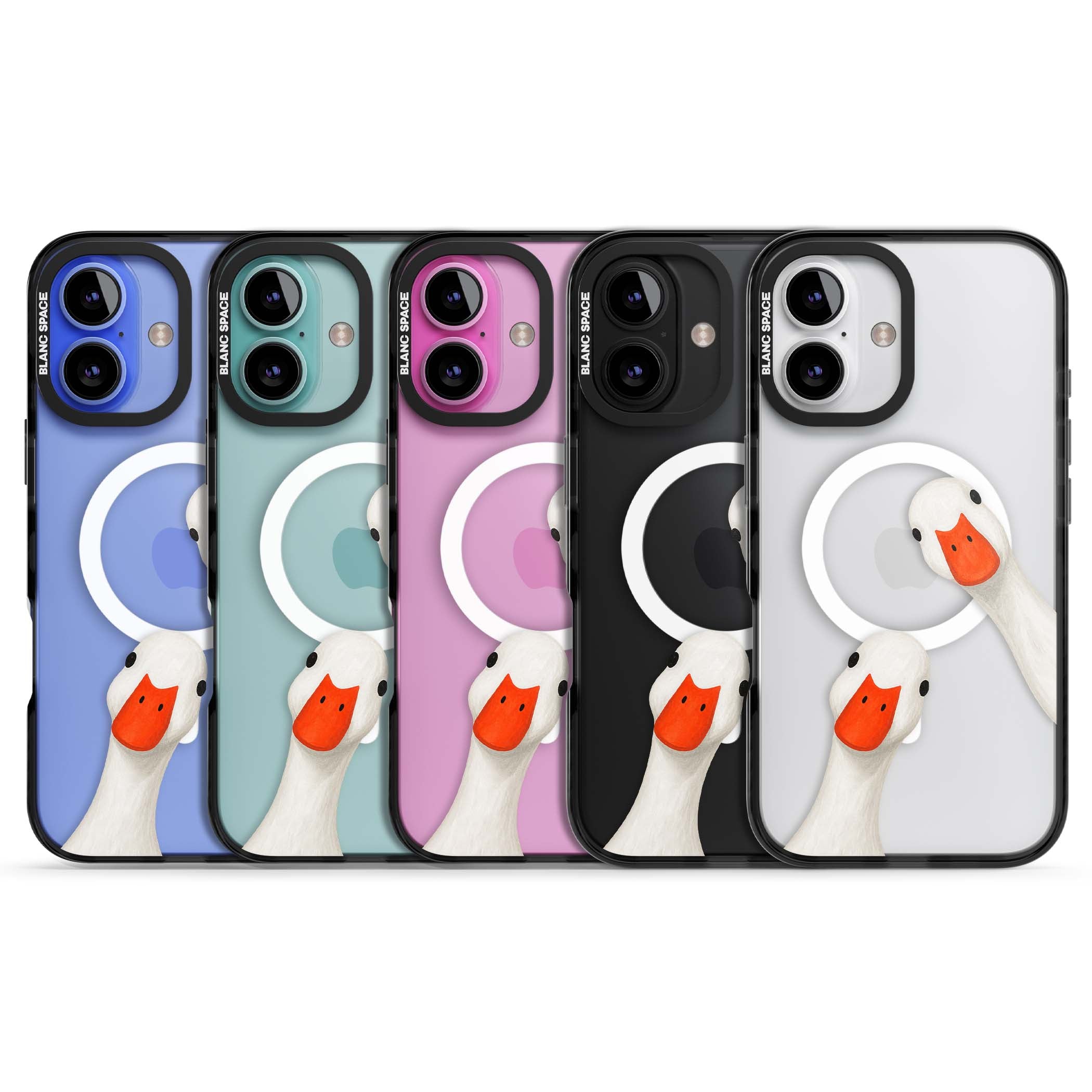 Nosy Ducks cottagecore iPhone case featuring two peeking white ducks with orange beaks on a clear background | Black Impact Magsafe case for iPhone 16, iPhone 16 Plus