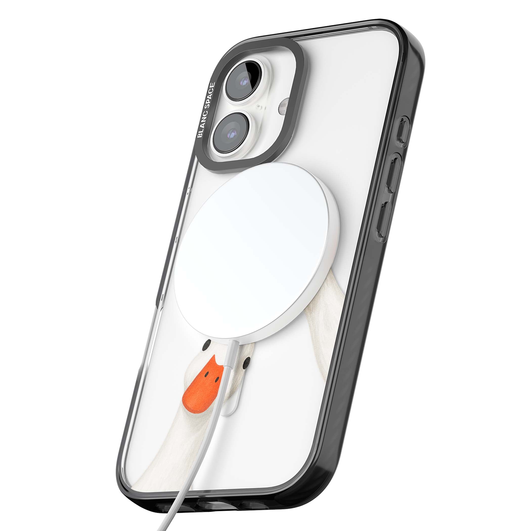 Nosy Ducks cottagecore iPhone case featuring two peeking white ducks with orange beaks on a clear background | Black Impact Magsafe case for iPhone 16, iPhone 16 Plus