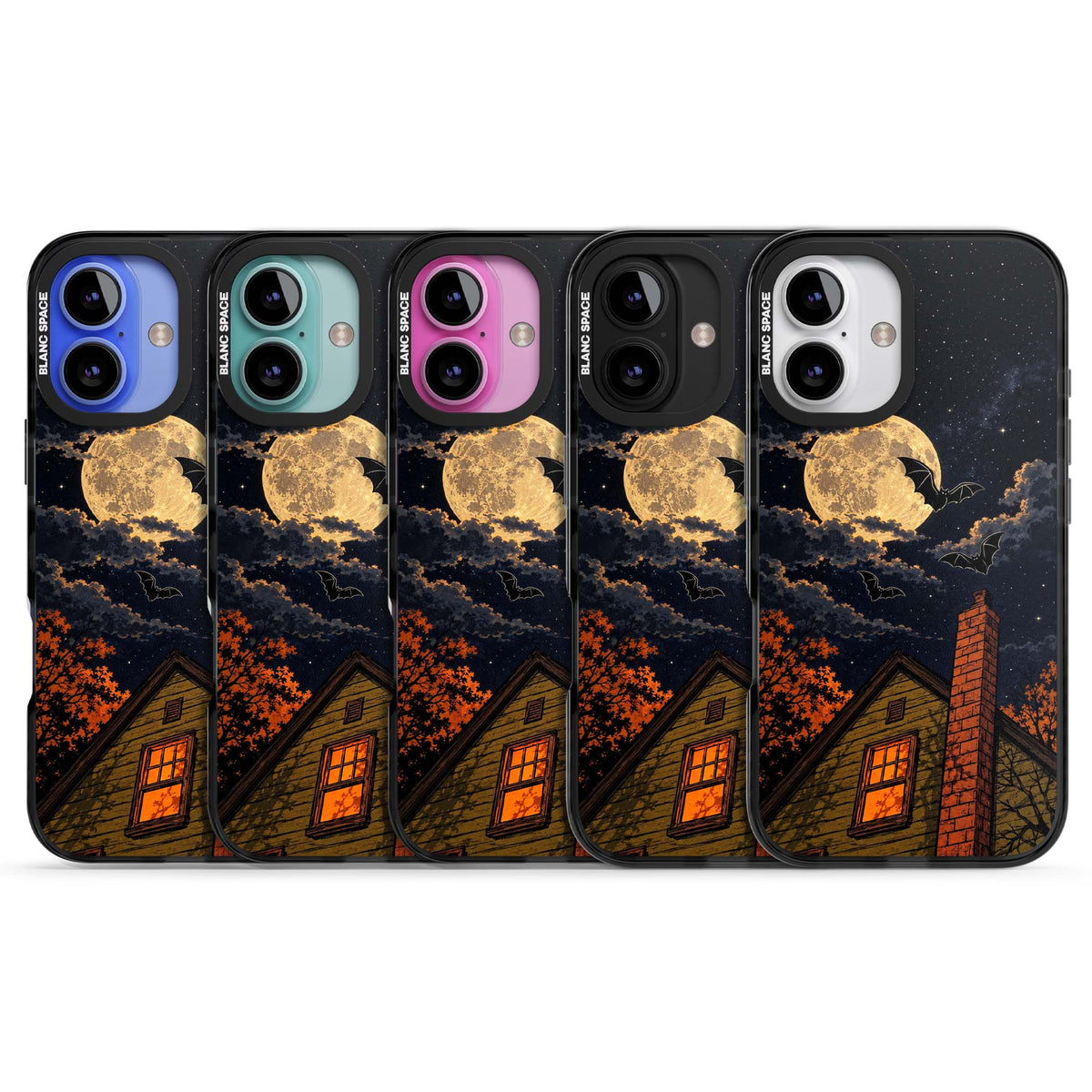 Hollows Eve Halloween iPhone case featuring a haunted house, full moon and flying bats against a starry autumn sky | Black Impact Magsafe case for iPhone 16, iPhone 16 Plus