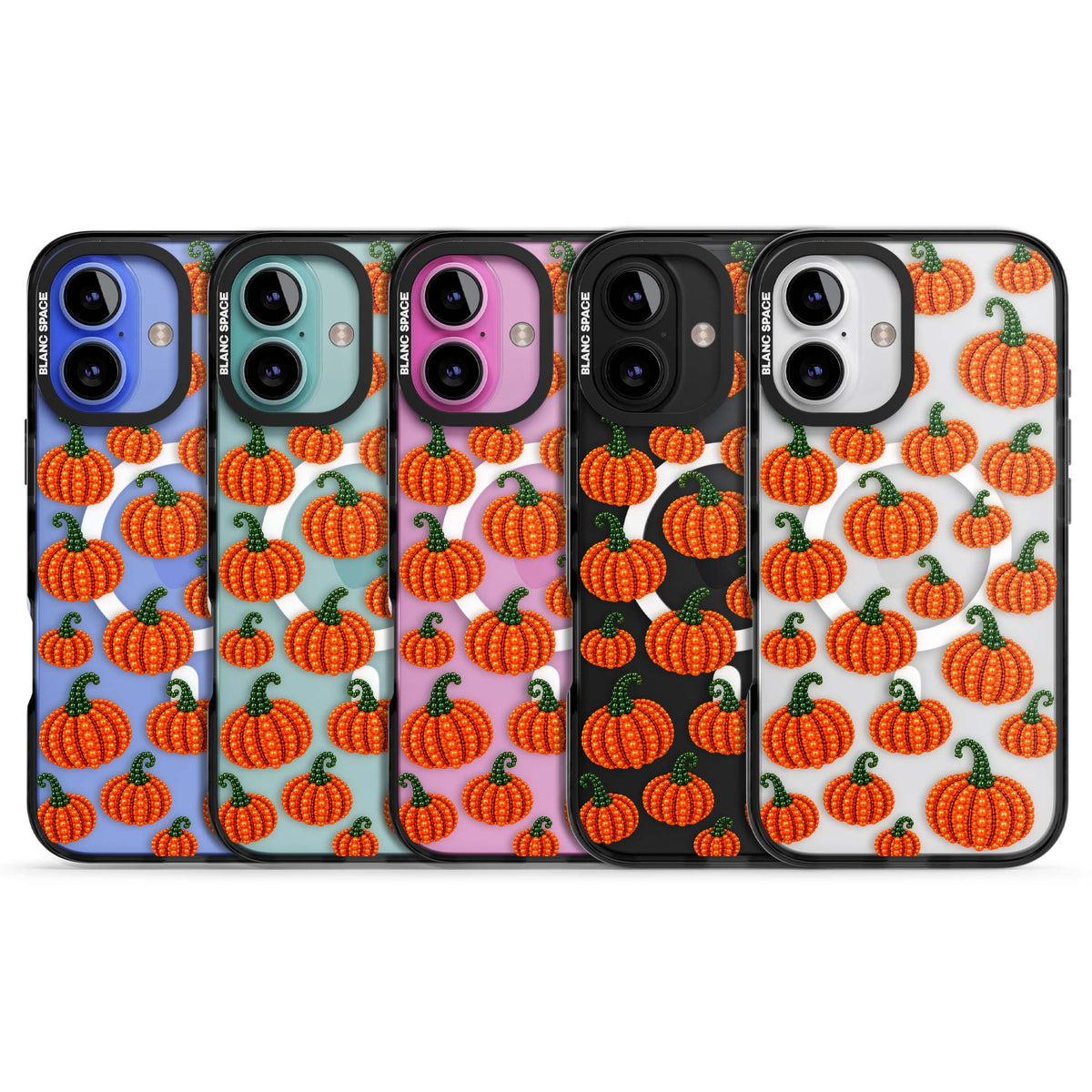 Beaded Pumpkins halloween iPhone case featuring beaded orange pumpkins with green stems on a clear background | Black Impact Magsafe case for iPhone 16, iPhone 16 Plus