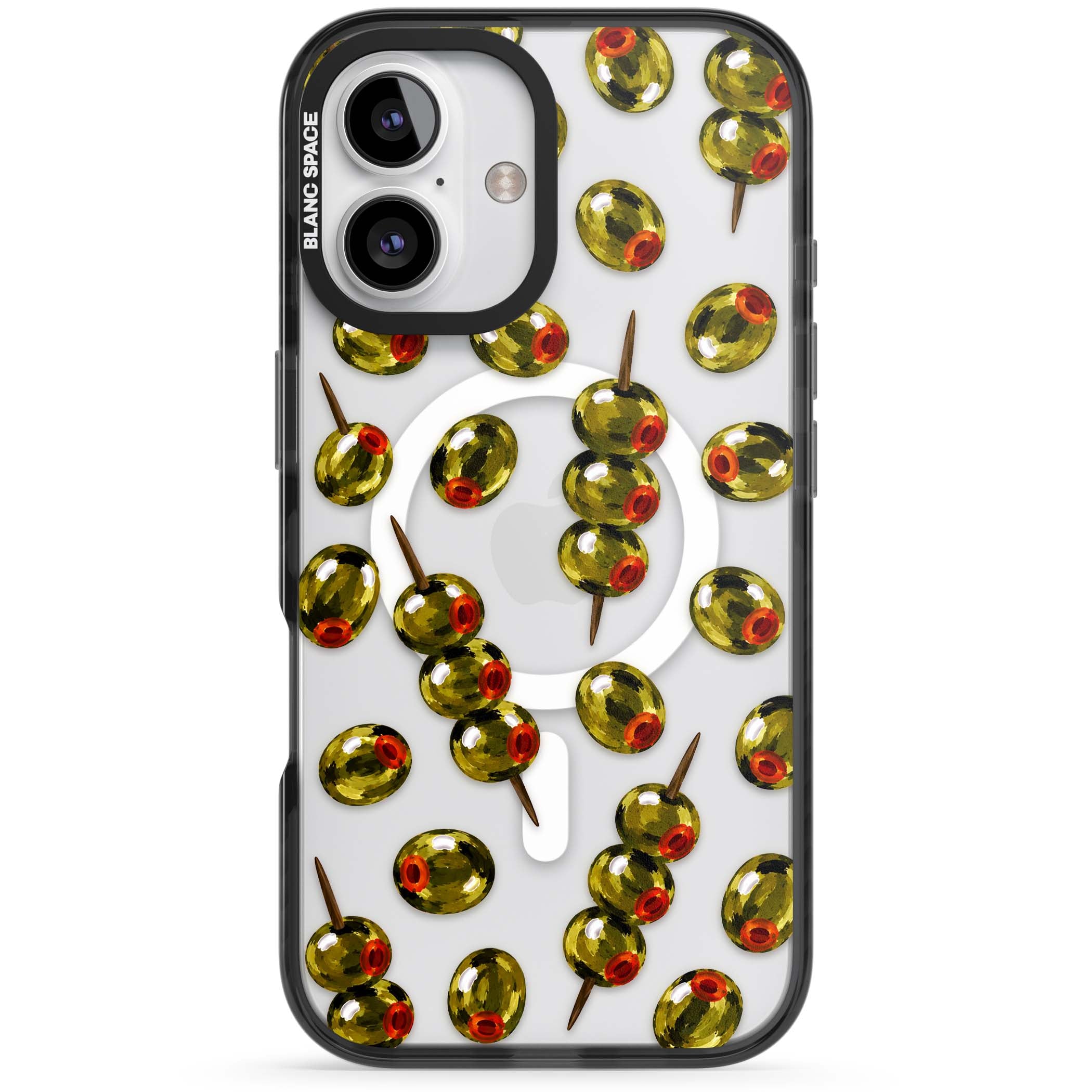Painted Olives cocktail iPhone case featuring green olives, pimento centres and toothpick skewers on a clear background | Black Impact Magsafe case for iPhone 16, iPhone 16 Plus