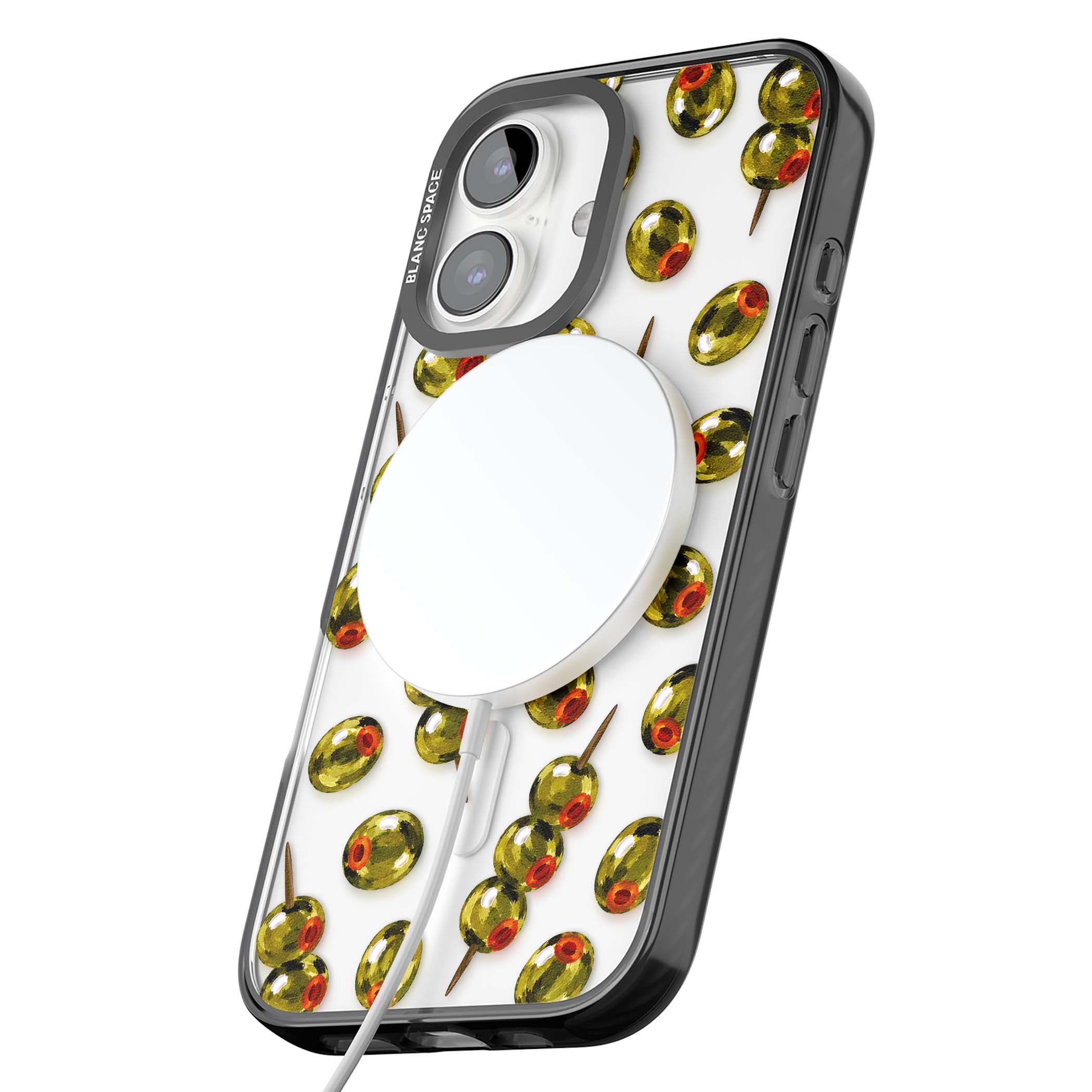 Painted Olives cocktail iPhone case featuring green olives, pimento centres and toothpick skewers on a clear background | Black Impact Magsafe case for iPhone 16, iPhone 16 Plus