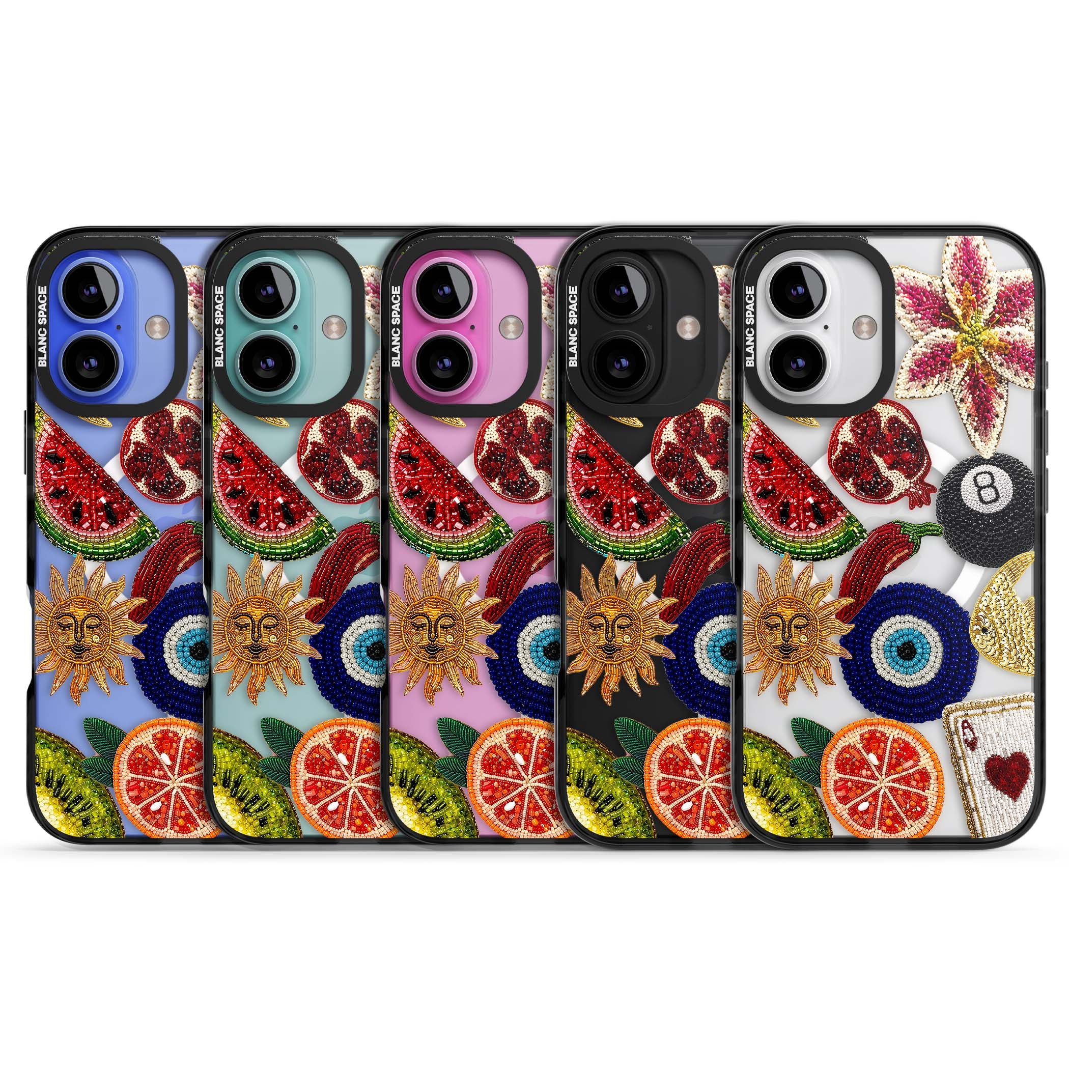 Beaded Charms embroidery iPhone case featuring beaded evil eye, fruit patches and a golden sun motif | Black Impact Magsafe case for iPhone 16, iPhone 16 Plus