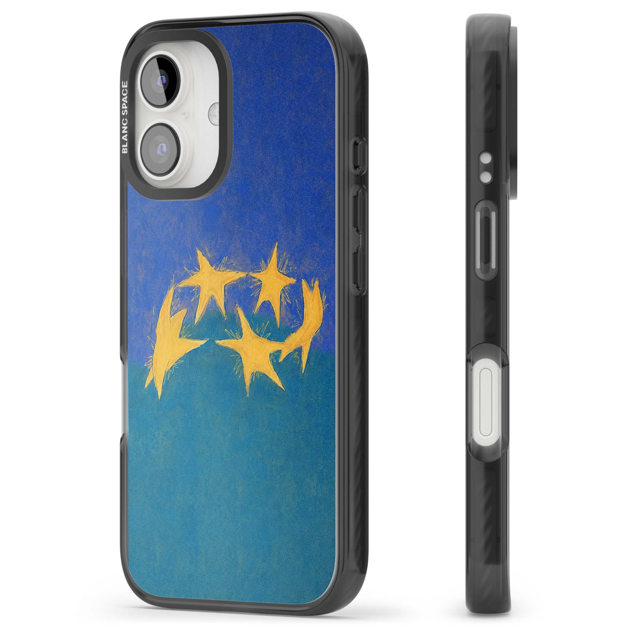 Star Boogie stars aesthetic iPhone case featuring five yellow hand-painted stars on cobalt blue and teal | Black Impact Magsafe case for iPhone 16, iPhone 16 Plus