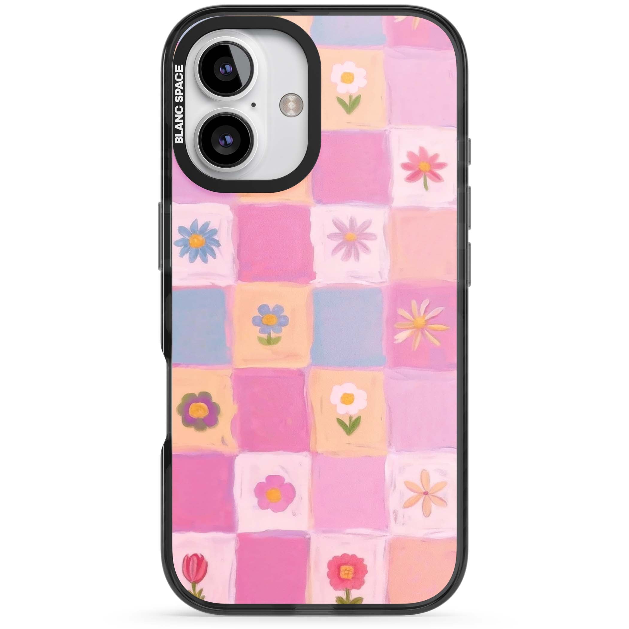 Pastel Flower Patchwork cottagecore iPhone case featuring painted pink and lilac squares with daisies and wildflowers | Black Impact Magsafe case for iPhone 16, iPhone 16 Plus