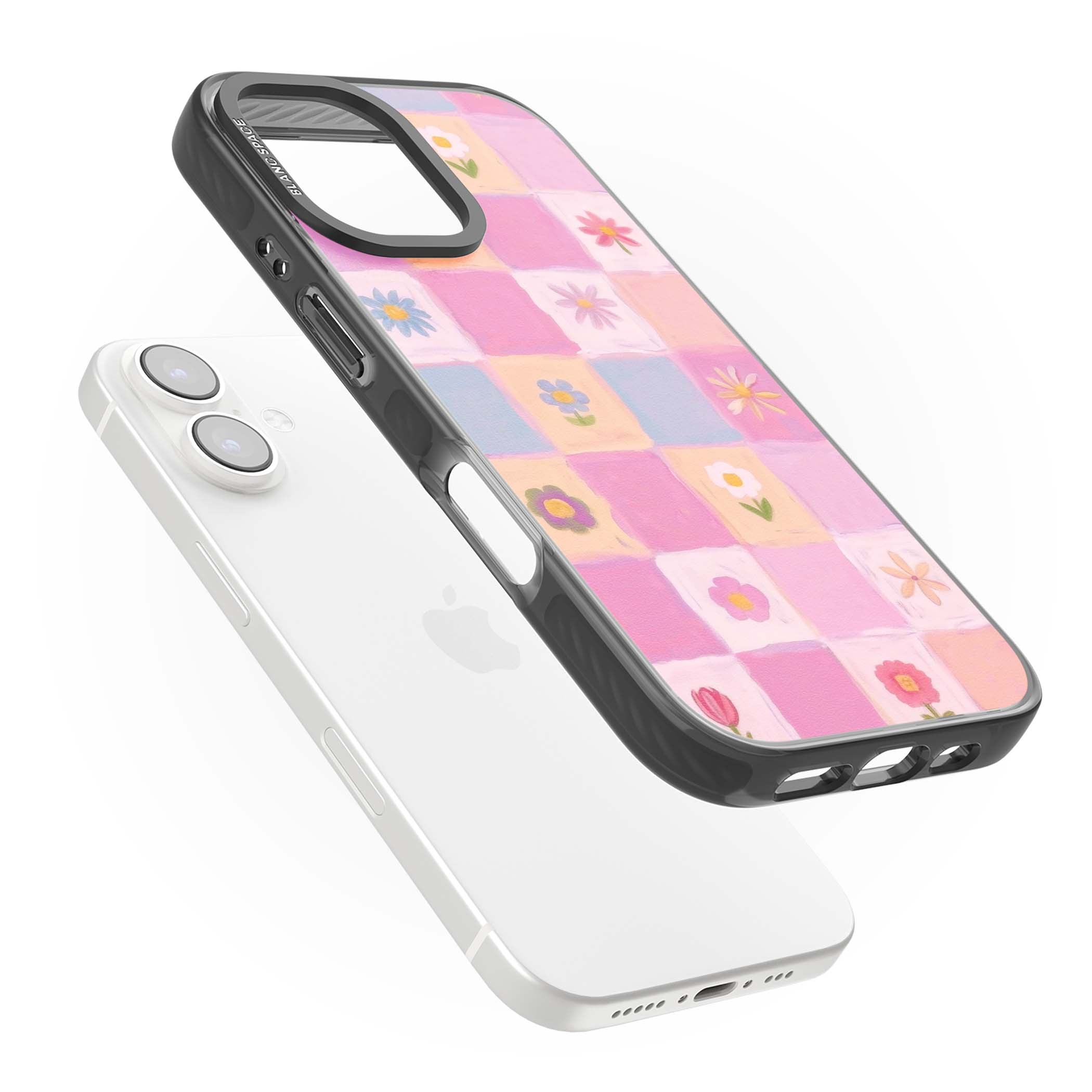 Pastel Flower Patchwork cottagecore iPhone case featuring painted pink and lilac squares with daisies and wildflowers | Black Impact Magsafe case for iPhone 16, iPhone 16 Plus