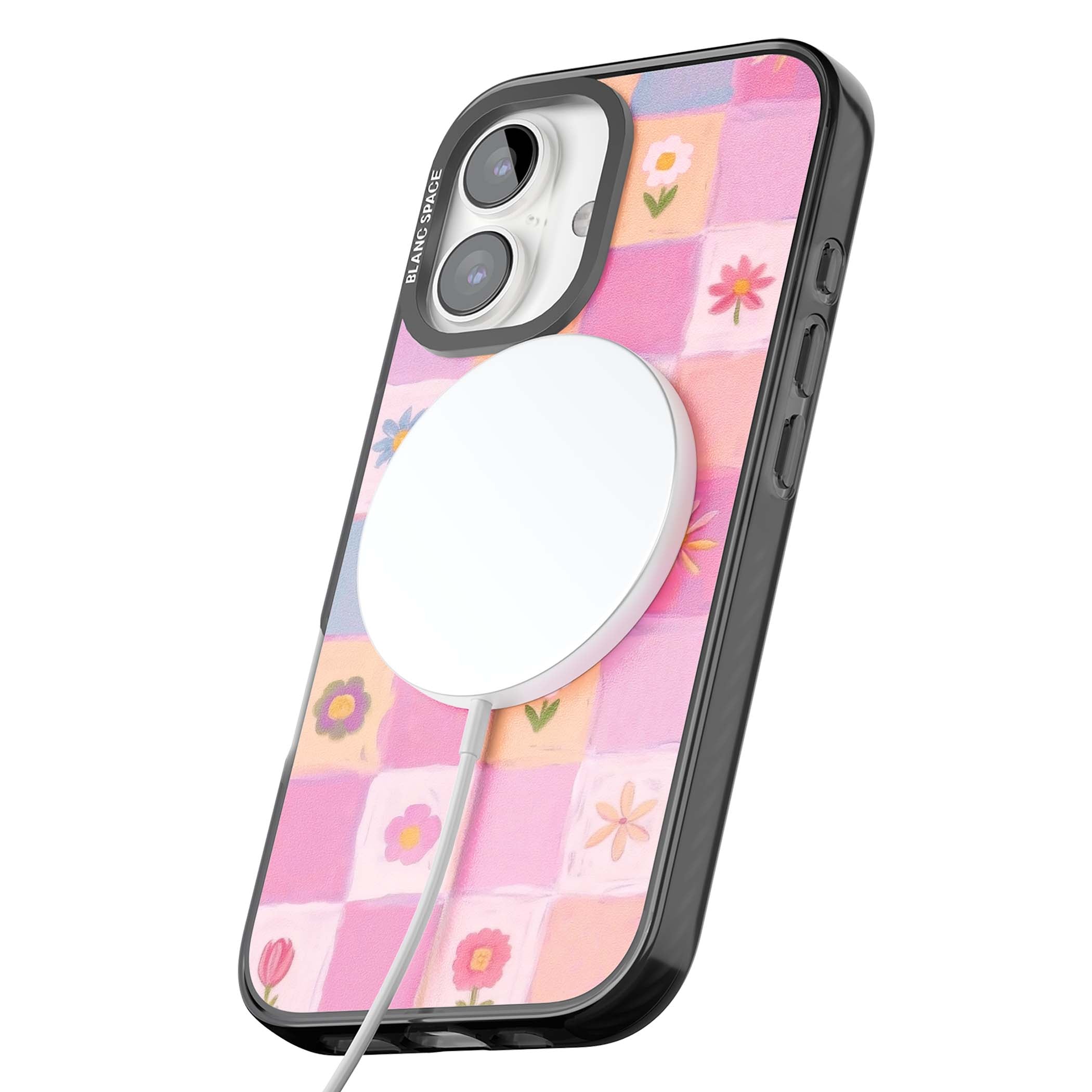 Pastel Flower Patchwork cottagecore iPhone case featuring painted pink and lilac squares with daisies and wildflowers | Black Impact Magsafe case for iPhone 16, iPhone 16 Plus
