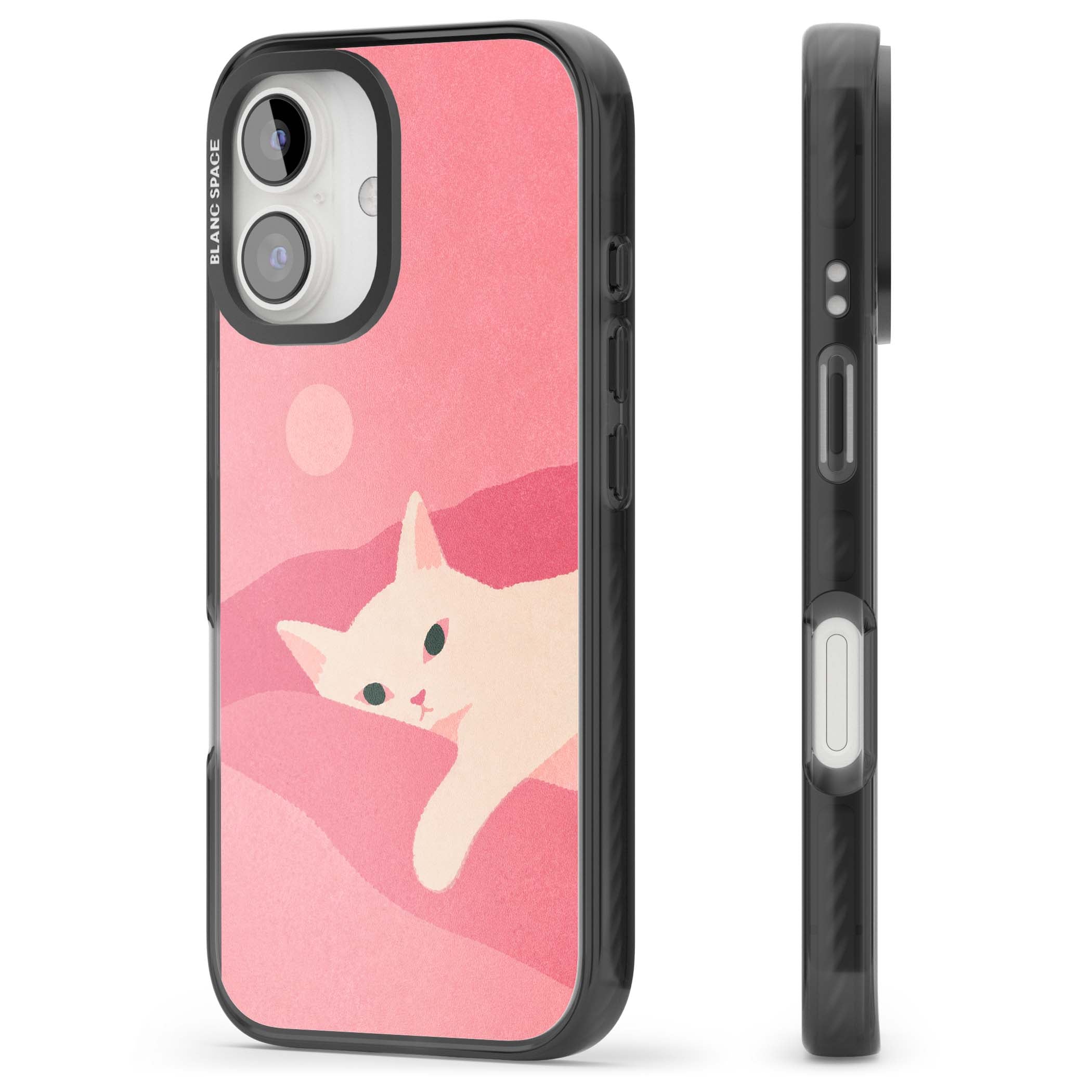 Pink Dreams cute cat iPhone case featuring a white kitten, soft pink hills and a pale pastel sun | Black Impact Magsafe case for iPhone 16, iPhone 16 Plus