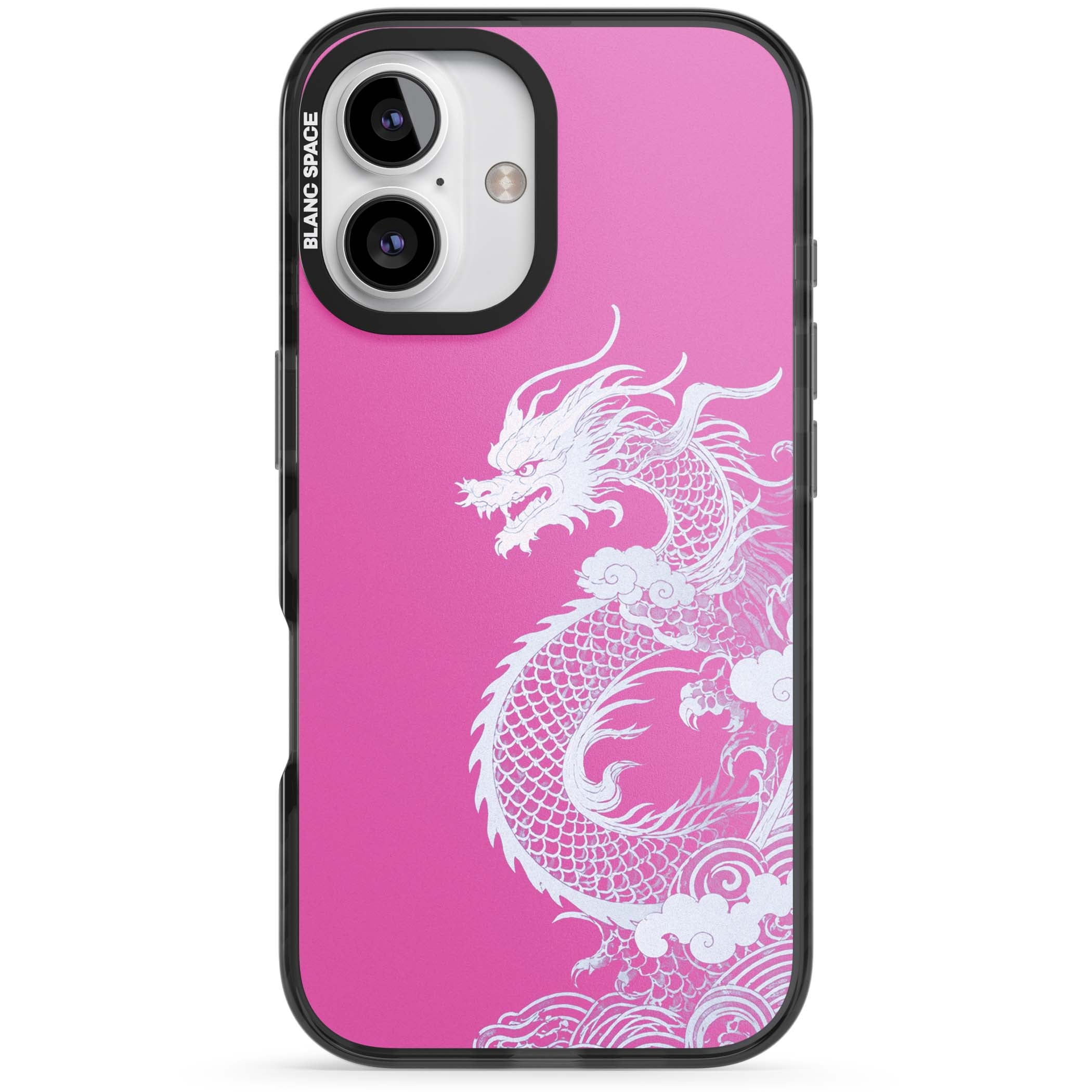 Pink Empress chinese dragon iPhone case featuring a white dragon, swirling clouds and pink dragon wallpaper backdrop | Black Impact Magsafe case for iPhone 16, iPhone 16 Plus