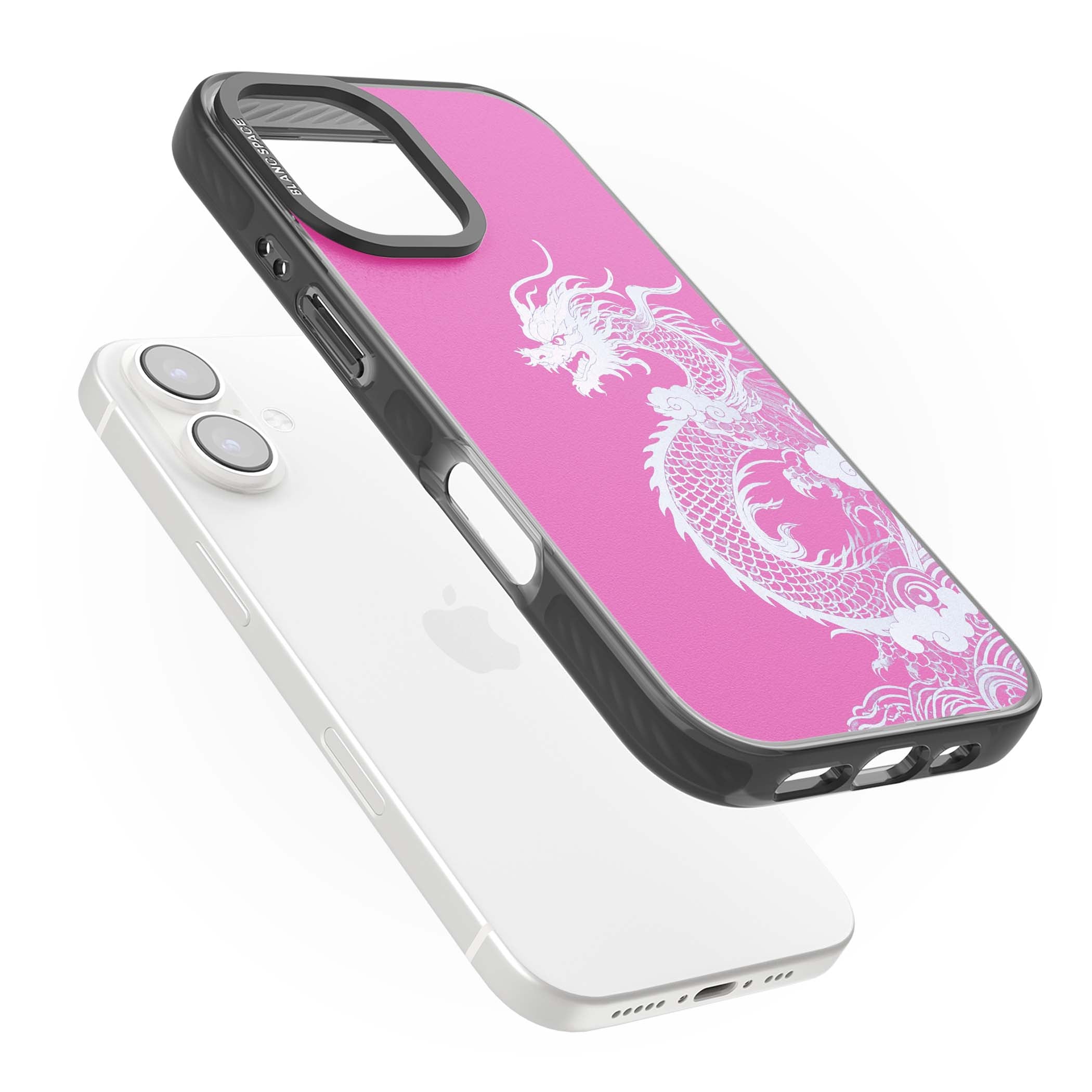 Pink Empress chinese dragon iPhone case featuring a white dragon, swirling clouds and pink dragon wallpaper backdrop | Black Impact Magsafe case for iPhone 16, iPhone 16 Plus