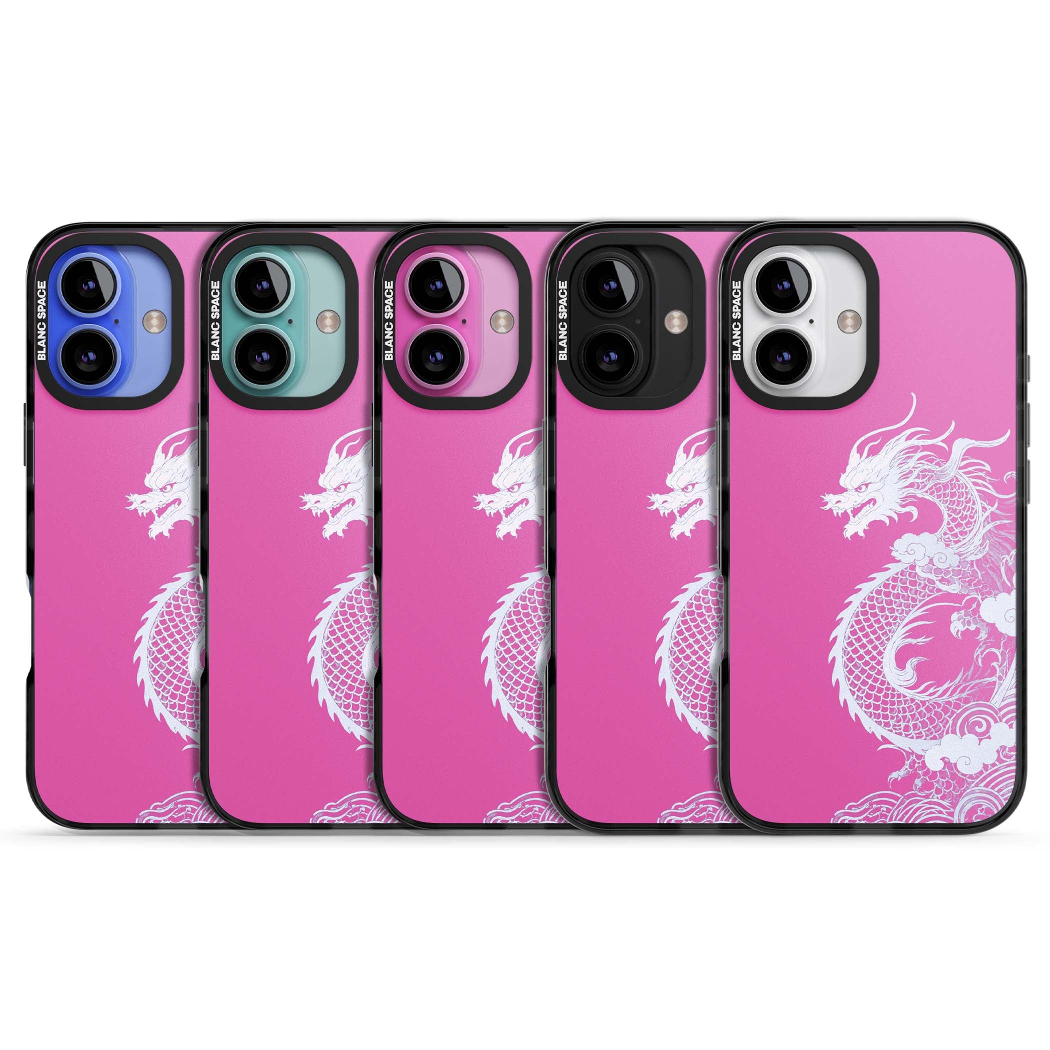 Pink Empress chinese dragon iPhone case featuring a white dragon, swirling clouds and pink dragon wallpaper backdrop | Black Impact Magsafe case for iPhone 16, iPhone 16 Plus