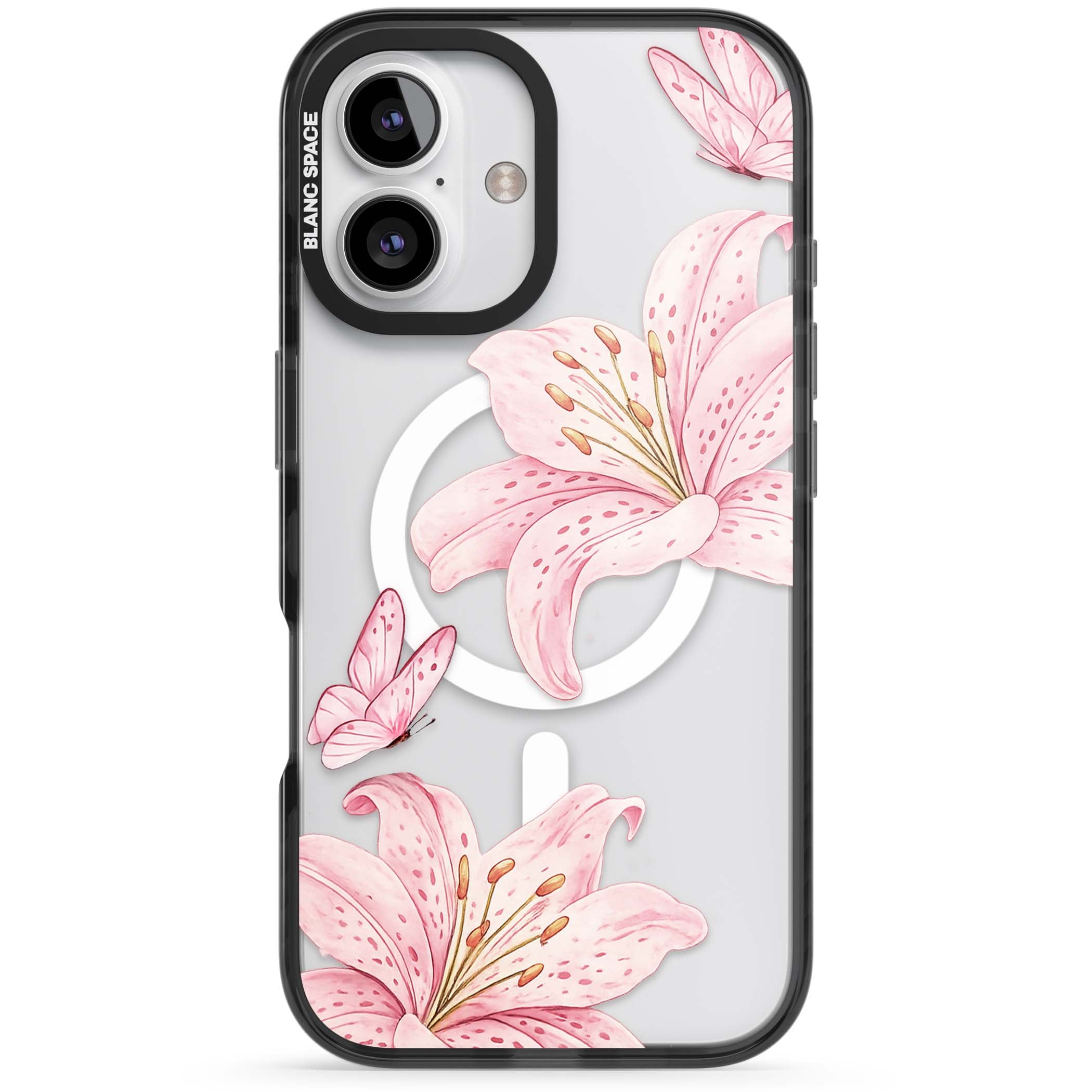 Lily Whisper floral iPhone case featuring pink watercolour lilies and delicate butterflies on a clear background | Black Impact Magsafe case for iPhone 16, iPhone 16 Plus