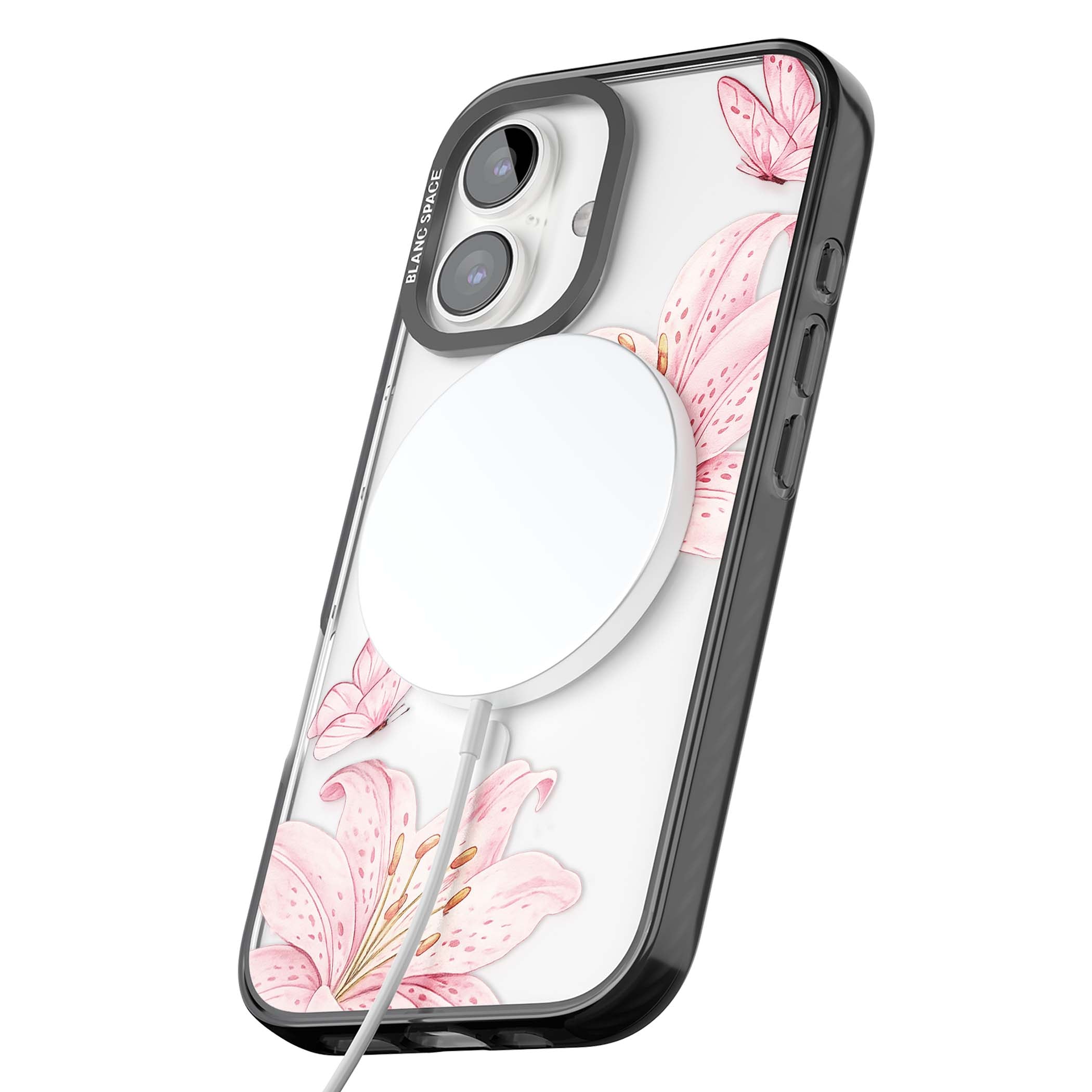 Lily Whisper floral iPhone case featuring pink watercolour lilies and delicate butterflies on a clear background | Black Impact Magsafe case for iPhone 16, iPhone 16 Plus