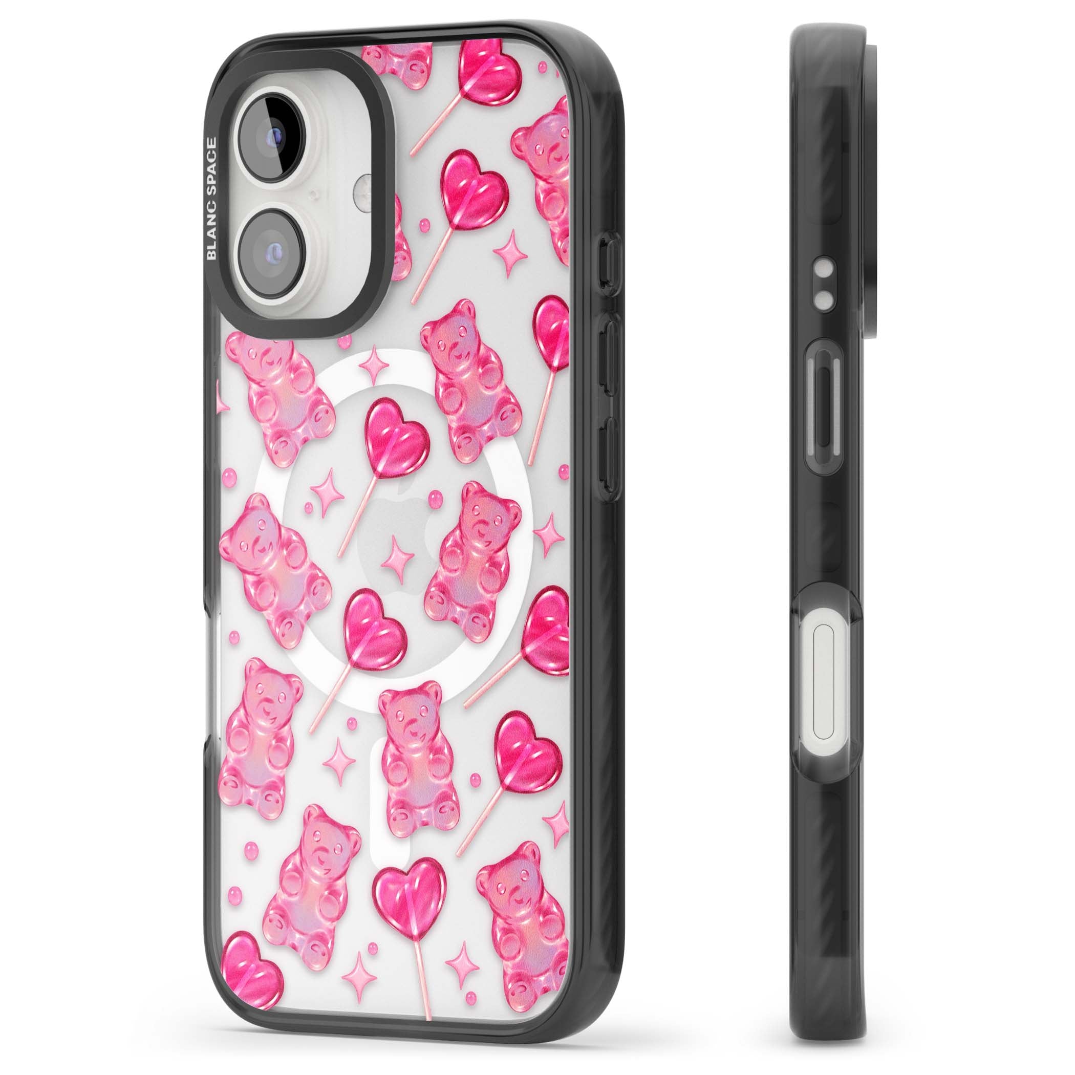 Pink Sugar pinkcore iPhone case featuring pink gummy bears, heart-shaped lollipops and sparkle stars | Black Impact Magsafe case for iPhone 16, iPhone 16 Plus