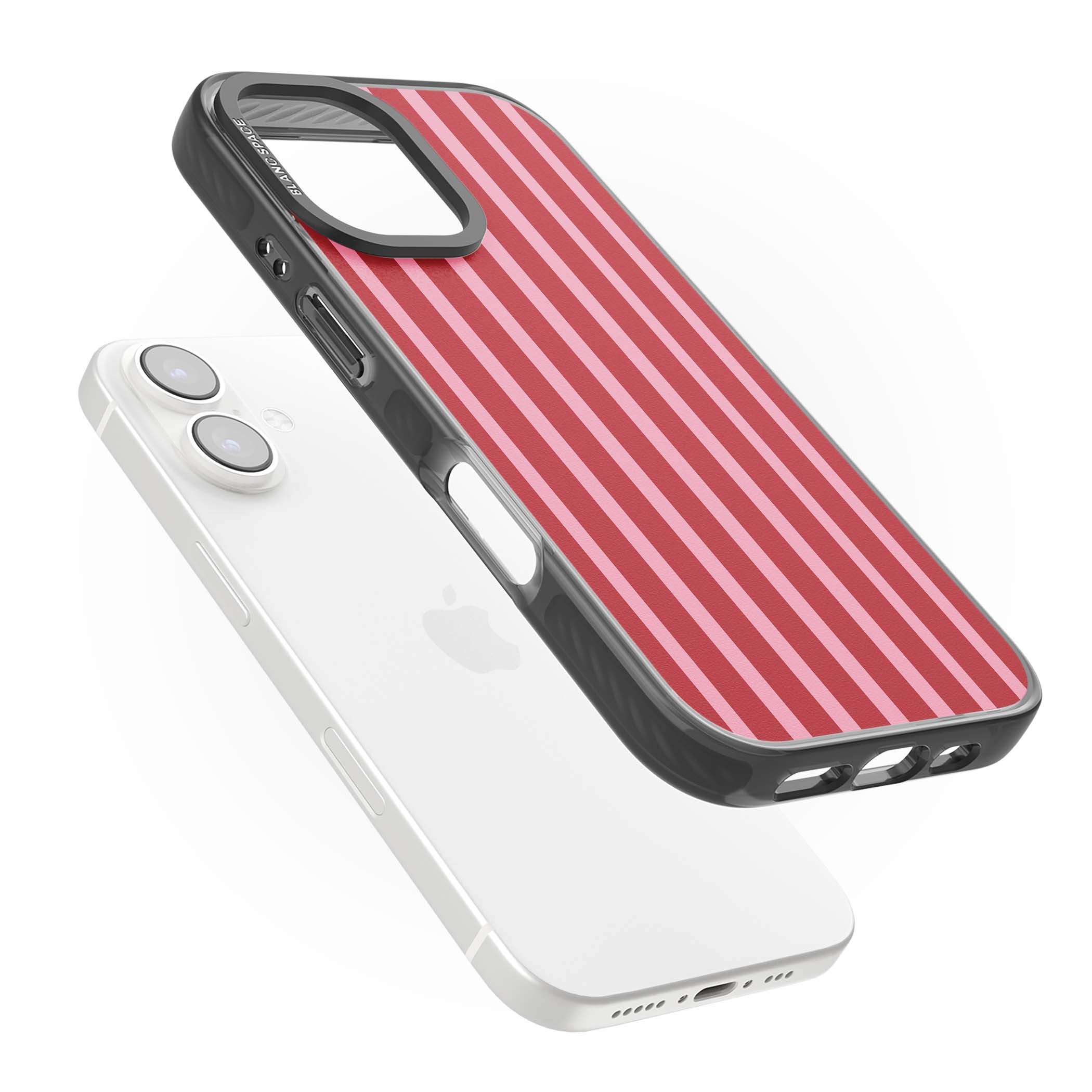Raspberry Stripe coquette iPhone case featuring red and pink vertical stripes in a candy-inspired pattern | Black Impact Magsafe case for iPhone 16, iPhone 16 Plus