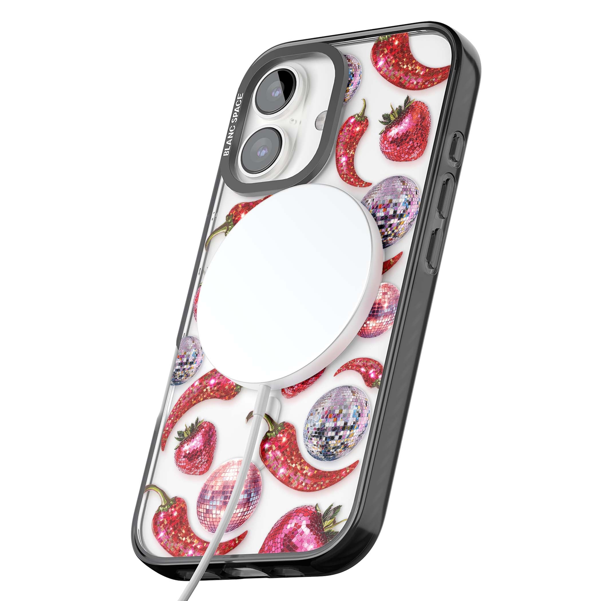 Spicy Disco Y2K iPhone case featuring glitter disco balls, sparkly strawberries and red chilli peppers | Black Impact Magsafe case for iPhone 16, iPhone 16 Plus