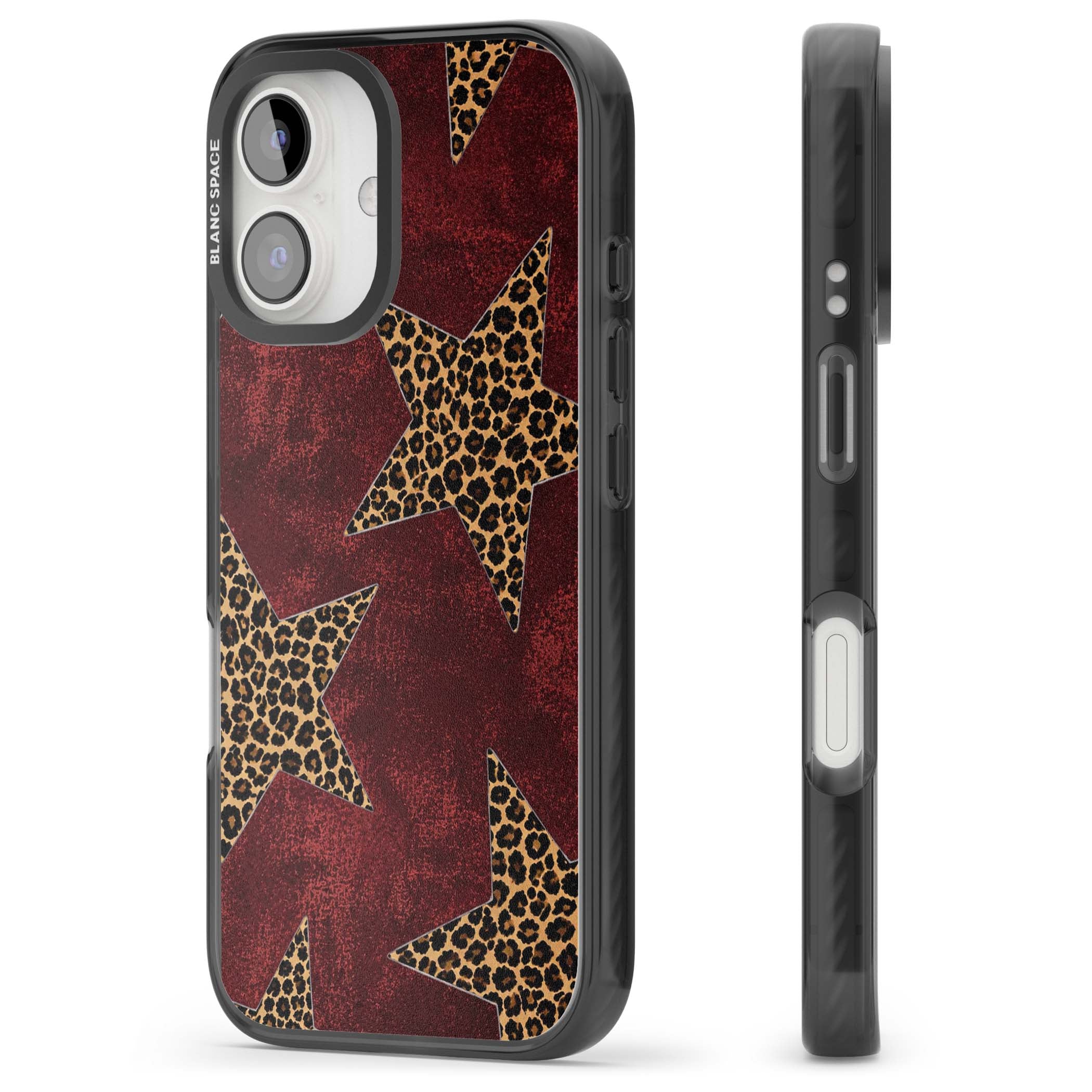 Showgirl leopard print iPhone case featuring cheetah print stars on distressed red grunge background | Black Impact Magsafe case for iPhone 16, iPhone 16 Plus