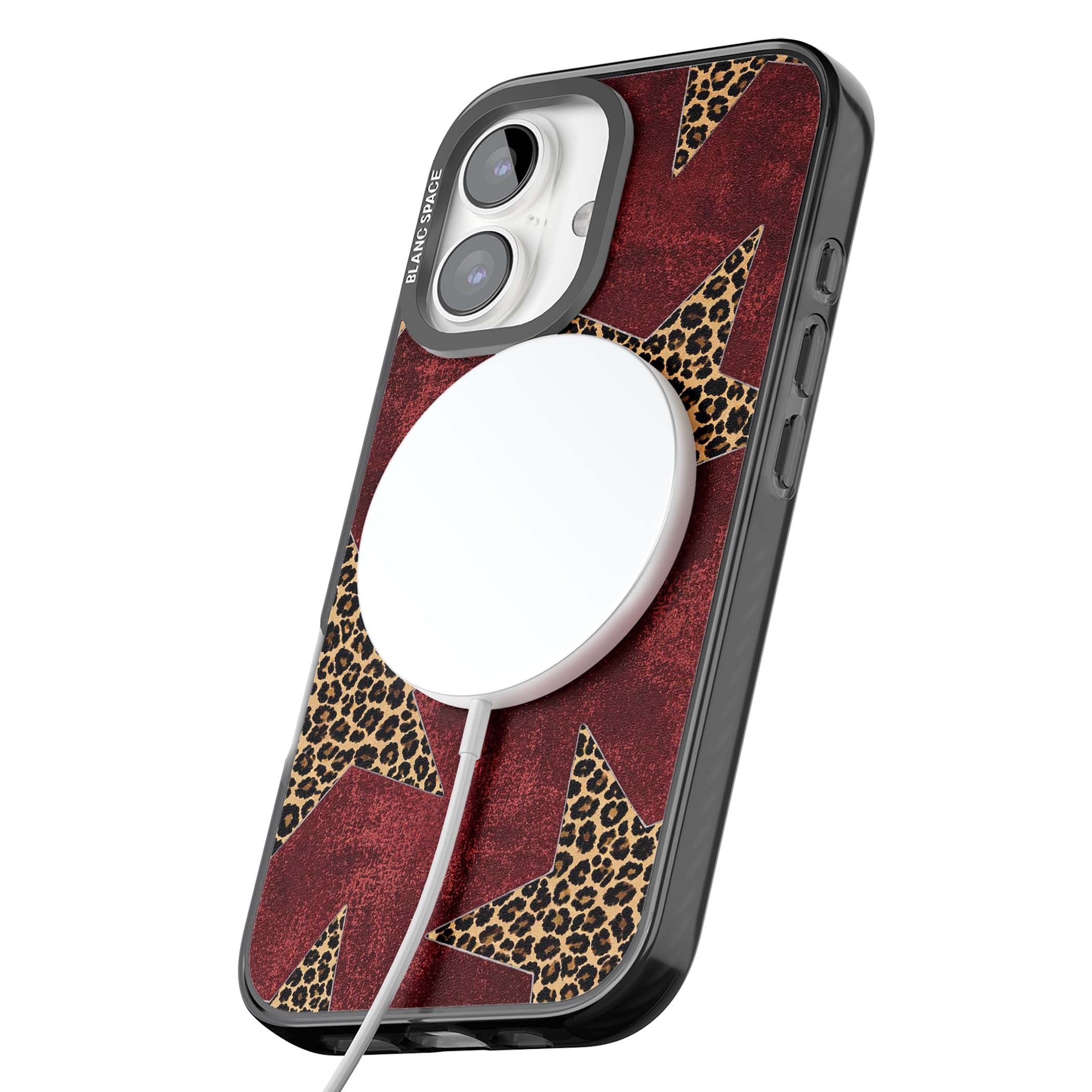 Showgirl leopard print iPhone case featuring cheetah print stars on distressed red grunge background | Black Impact Magsafe case for iPhone 16, iPhone 16 Plus