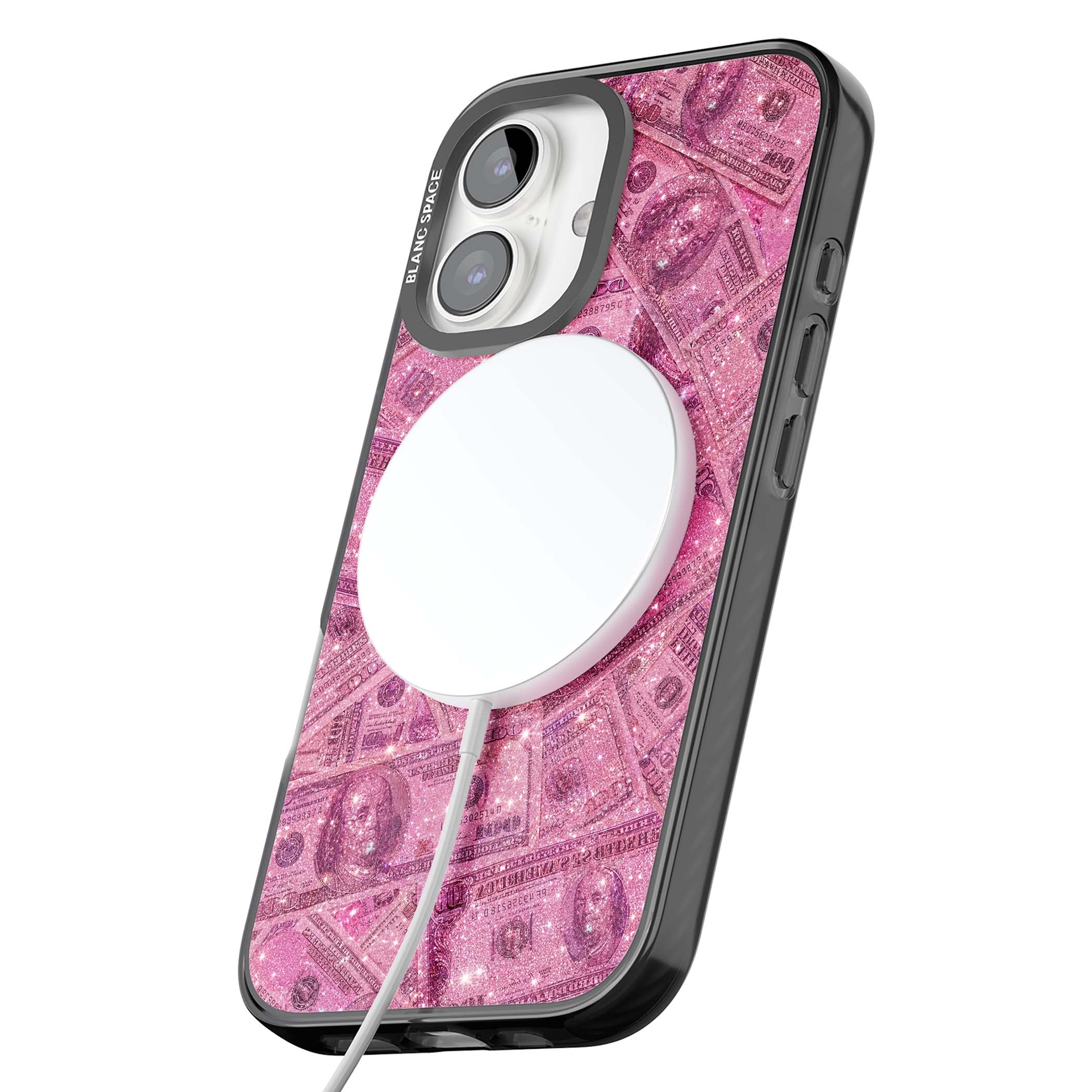 Glamorous baddie iPhone case featuring pink glitter hundred dollar bills and sparkling money wallpaper design | Black Impact Magsafe case for iPhone 16, iPhone 16 Plus