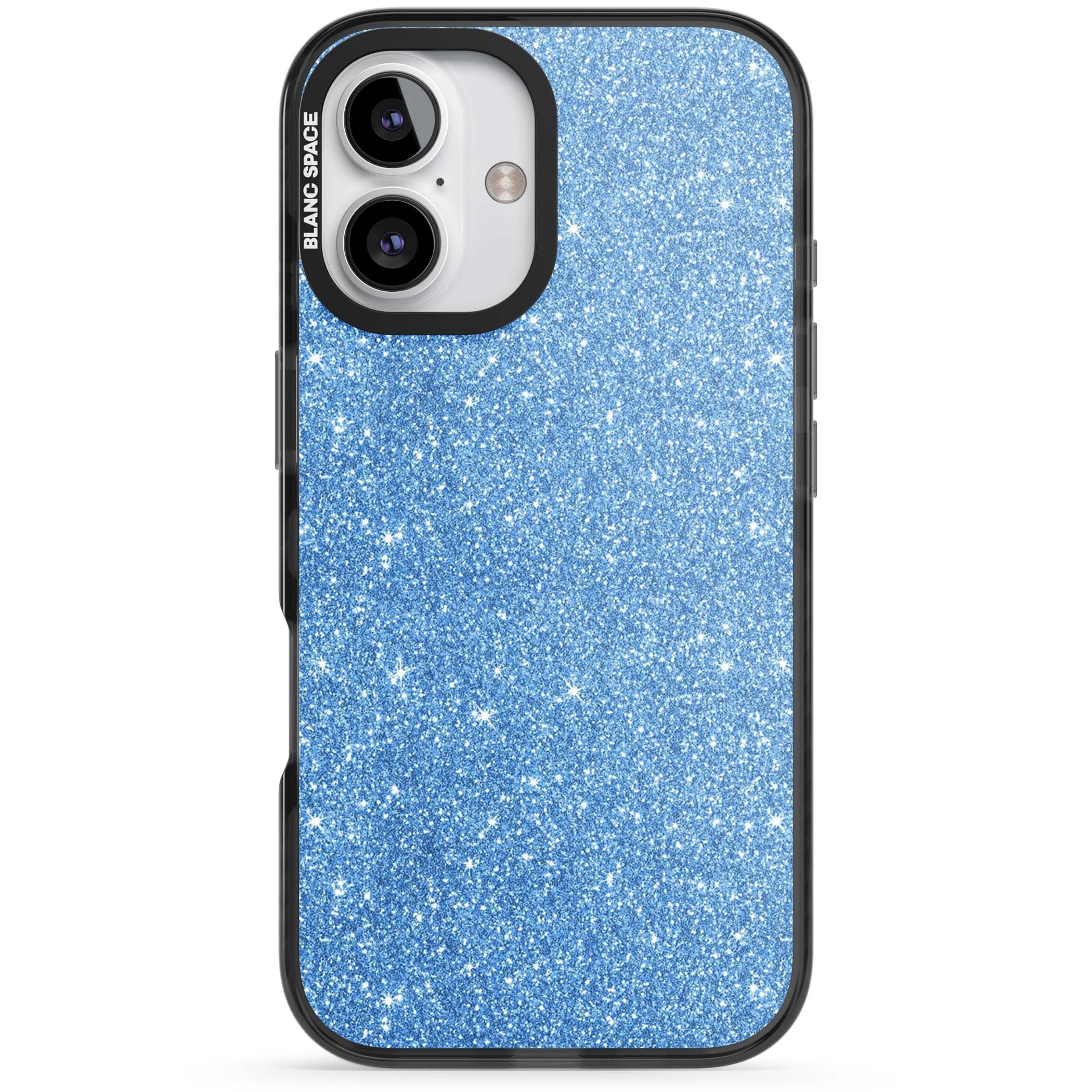 Blue Glitter blue glitter iPhone case featuring dense sparkling cerulean glitter with a glamorous shimmering finish | Black Impact Magsafe case for iPhone 16, iPhone 16 Plus