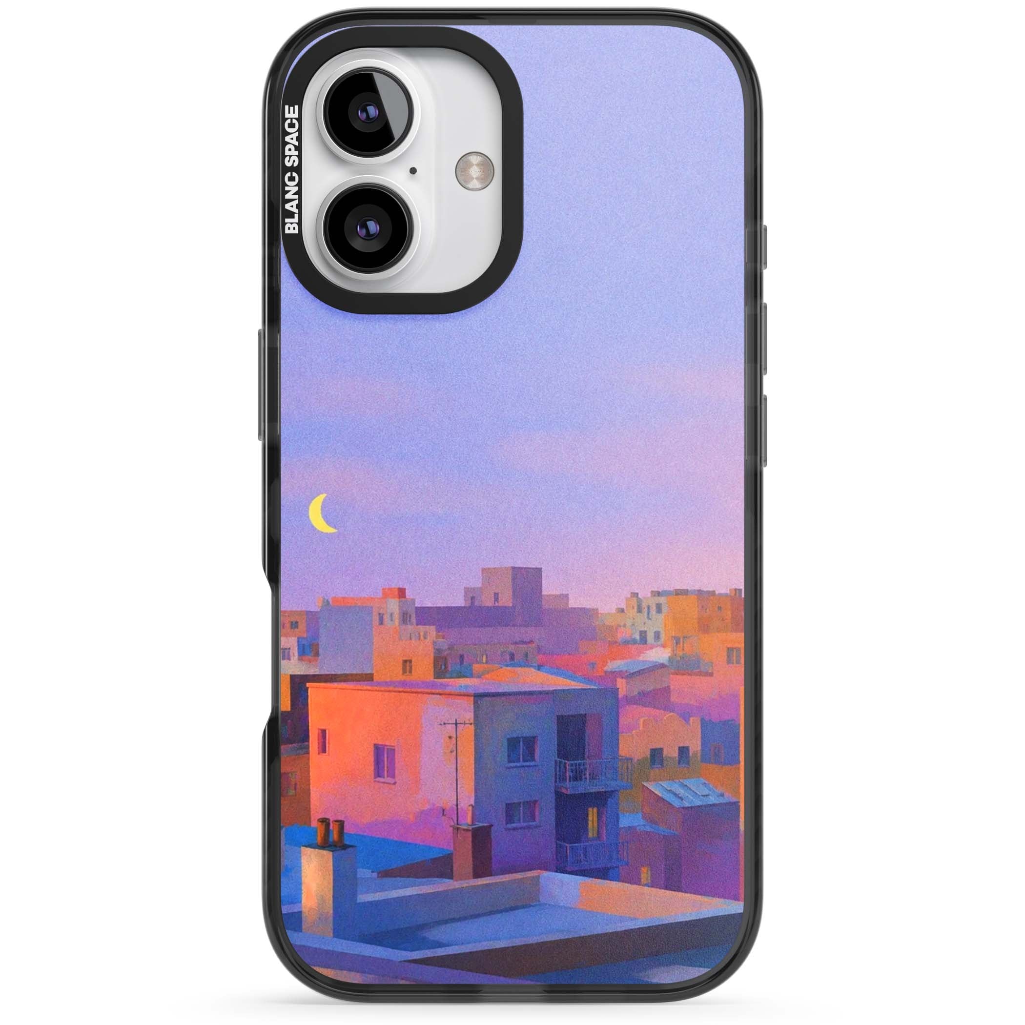 Twilight Rooftops vaporwave iPhone case featuring a pastel sunset cityscape, painted rooftops and a crescent moon. | Black Impact Magsafe case for iPhone 16, iPhone 16 Plus
