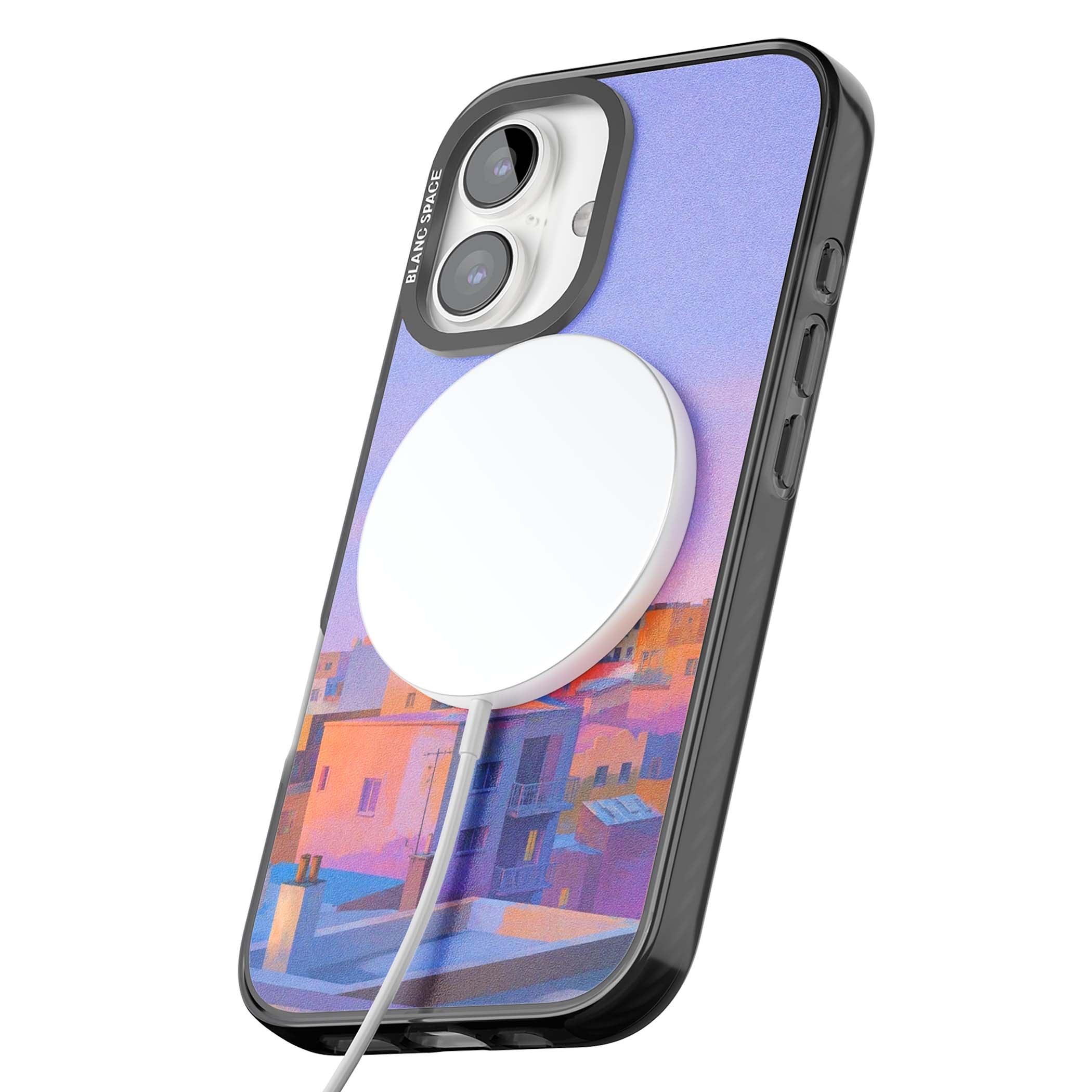 Twilight Rooftops vaporwave iPhone case featuring a pastel sunset cityscape, painted rooftops and a crescent moon. | Black Impact Magsafe case for iPhone 16, iPhone 16 Plus
