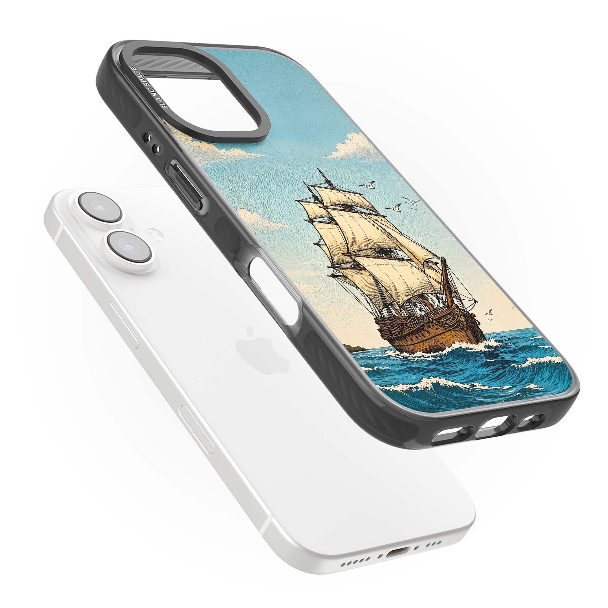 Ship at Sea nautical iPhone case featuring a vintage tall ship, ocean waves and seagulls | Black Impact Magsafe case for iPhone 16, iPhone 16 Plus