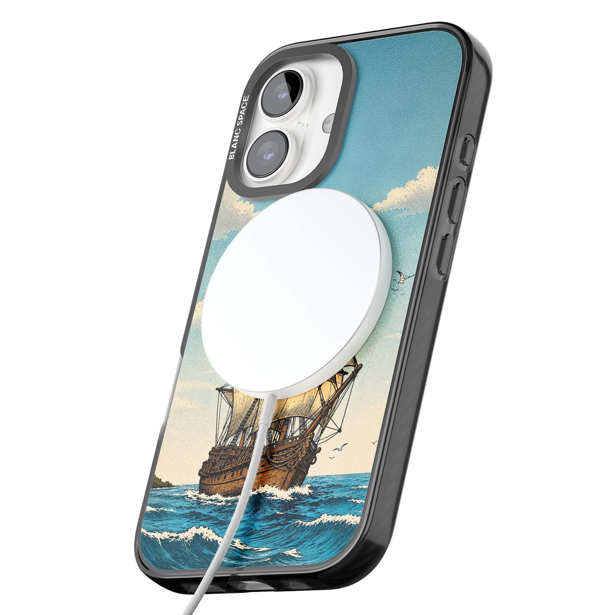 Ship at Sea nautical iPhone case featuring a vintage tall ship, ocean waves and seagulls | Black Impact Magsafe case for iPhone 16, iPhone 16 Plus