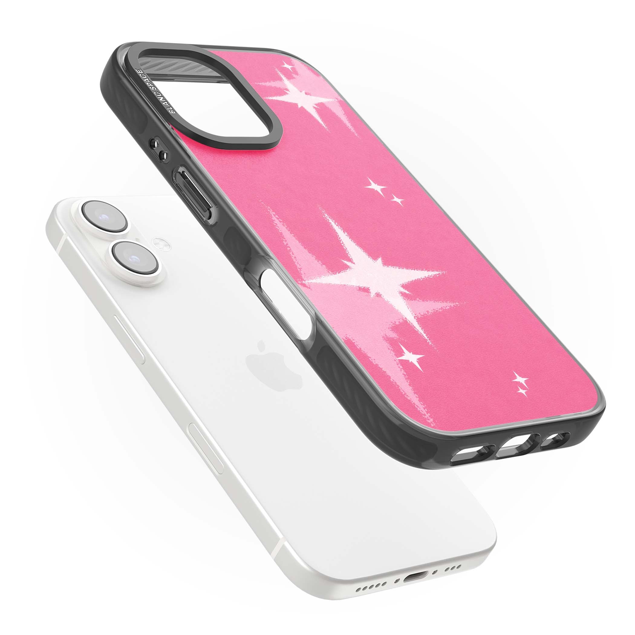 Pink Sparkle Y2K iPhone case featuring hot pink background with shimmering white starburst pattern | Black Impact Magsafe case for iPhone 16, iPhone 16 Plus