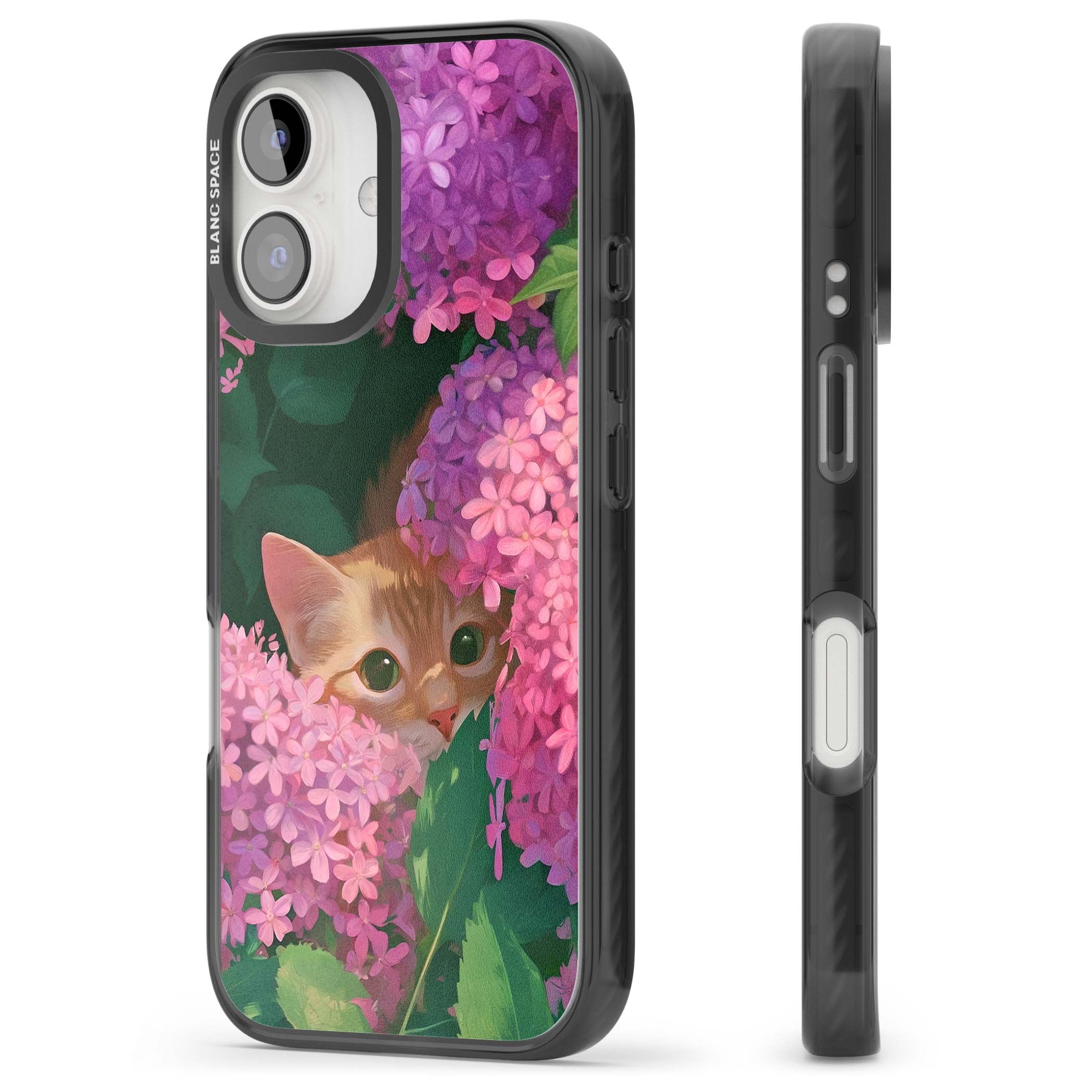 Cat In Pink Flowers cottagecore iPhone case featuring a ginger kitten peeking through lilac and pink hydrangea flo | Black Impact Magsafe case for iPhone 16, iPhone 16 Plus