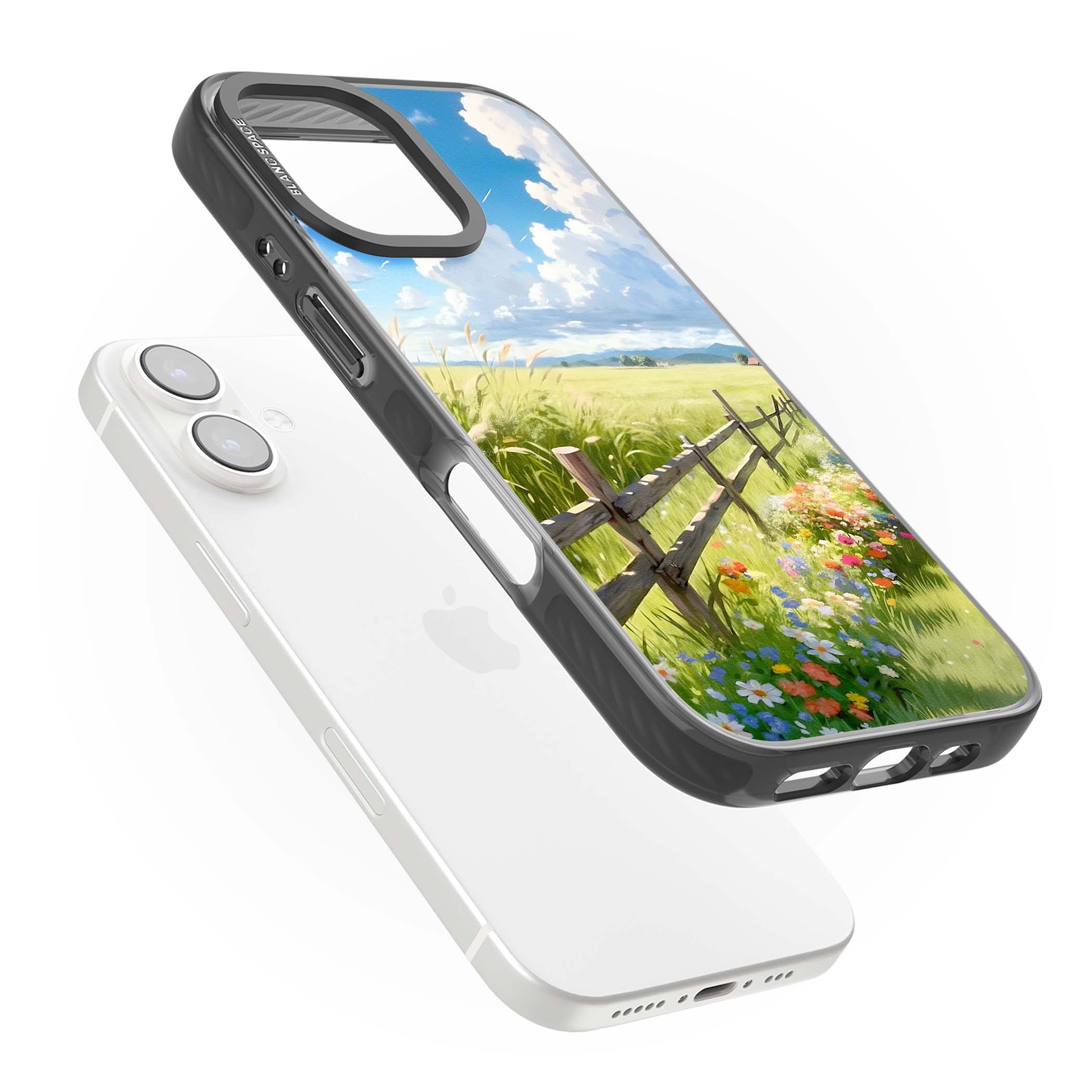 A Countryside Afternoon cottagecore iPhone case featuring a painted countryside meadow, wooden fence, and wildflowers beneath | Black Impact Magsafe case for iPhone 16, iPhone 16 Plus