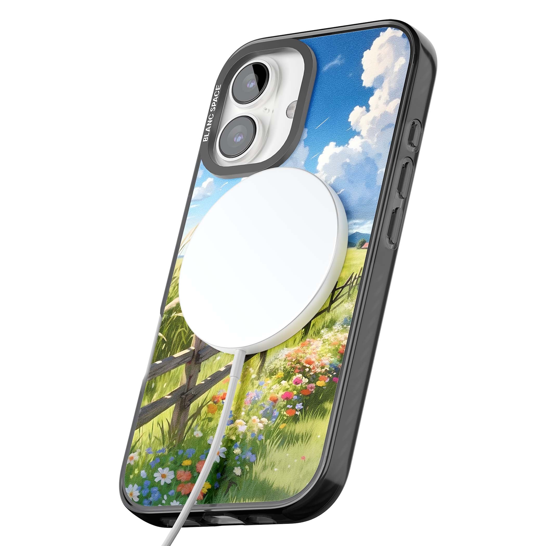 A Countryside Afternoon cottagecore iPhone case featuring a painted countryside meadow, wooden fence, and wildflowers beneath | Black Impact Magsafe case for iPhone 16, iPhone 16 Plus